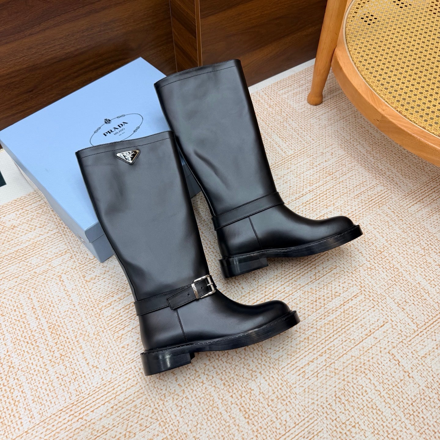 Prada 26s Knee-High Riding Boots Black Leather 974559