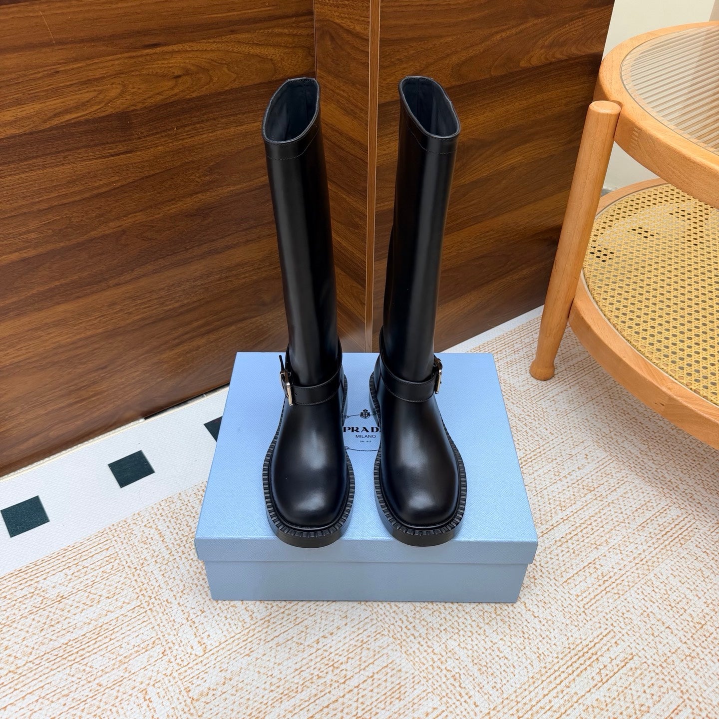 Prada 26s Knee-High Riding Boots Black Leather 974559