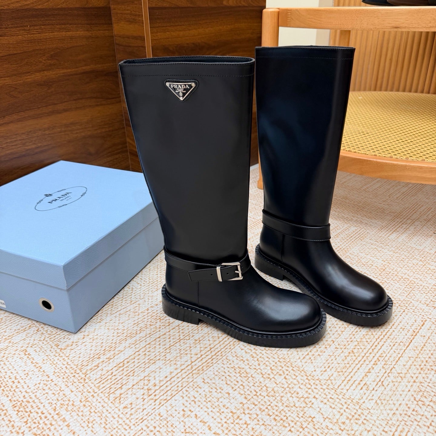 Prada 26s Knee-High Riding Boots Black Leather 974559