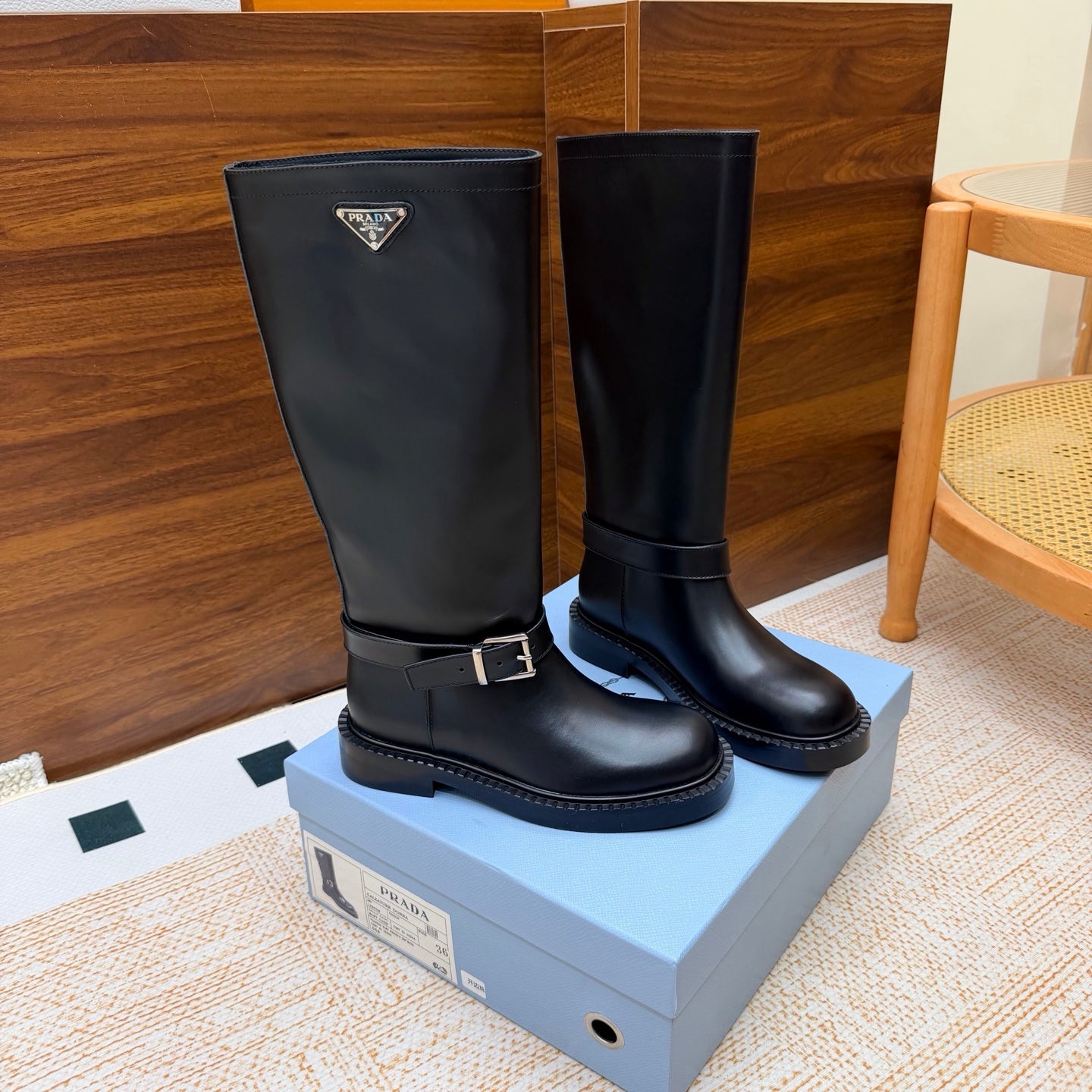 Prada 26s Knee-High Riding Boots Black Leather 974559