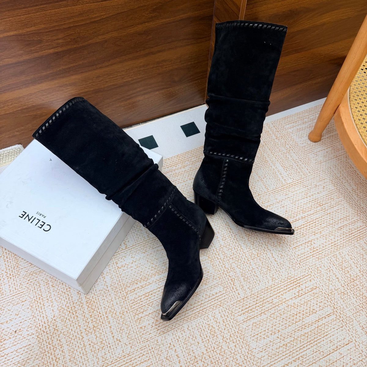 CE 26s Slouch Knee-High Boots 5cm Black Suede 131455
