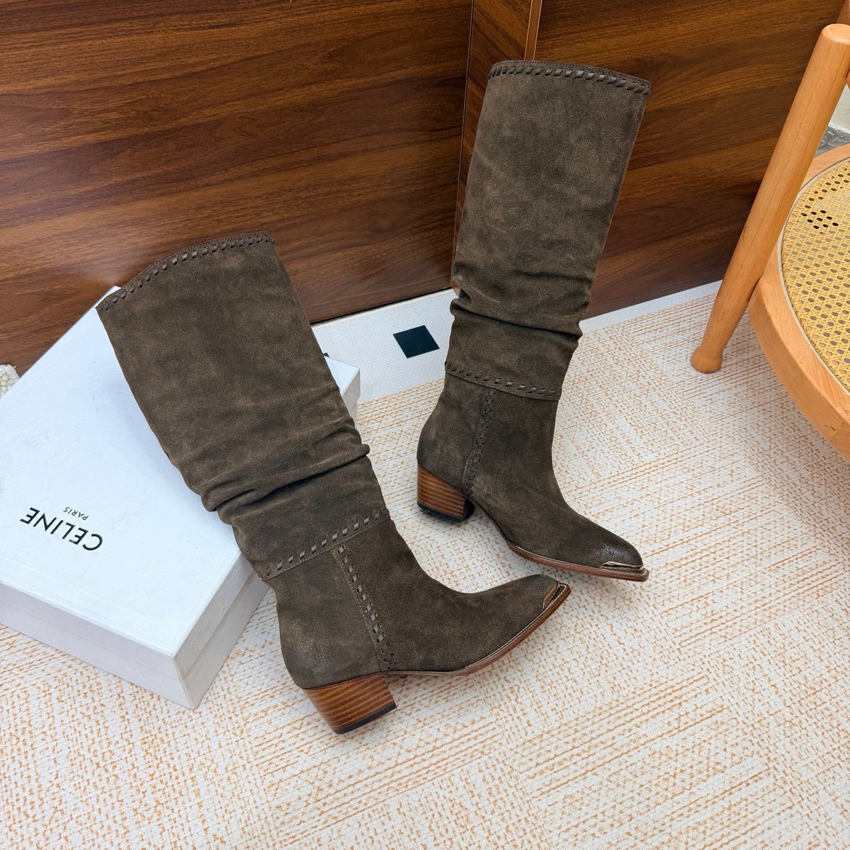 CE 26s Slouch Knee-High Boots 5cm Dark Khaki Suede 131456