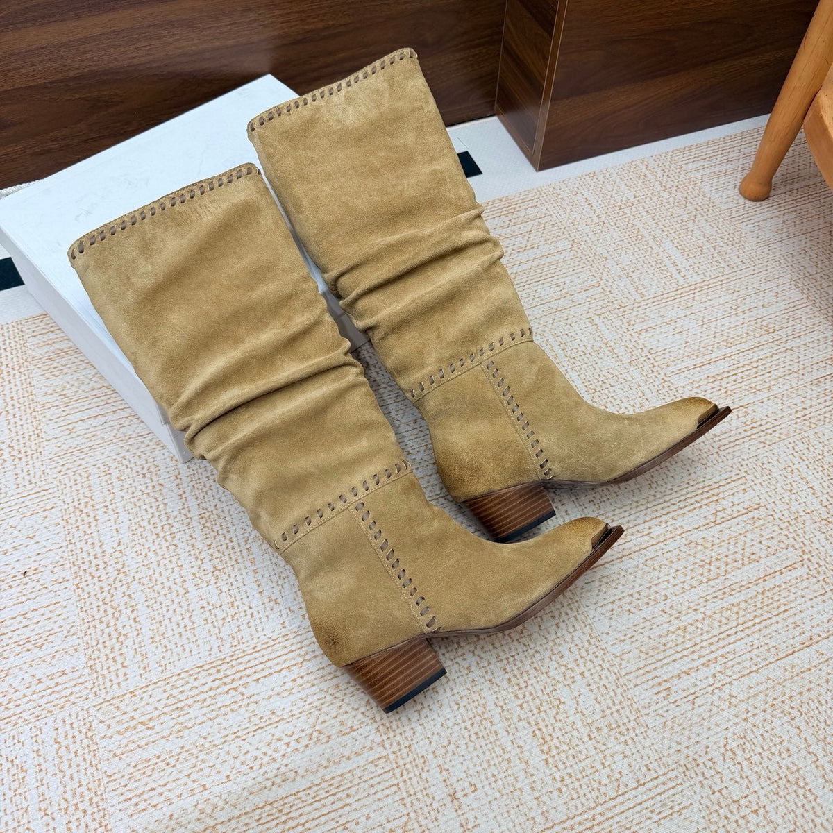 CE 26s Slouch Knee-High Boots 5cm Beige Suede 131457