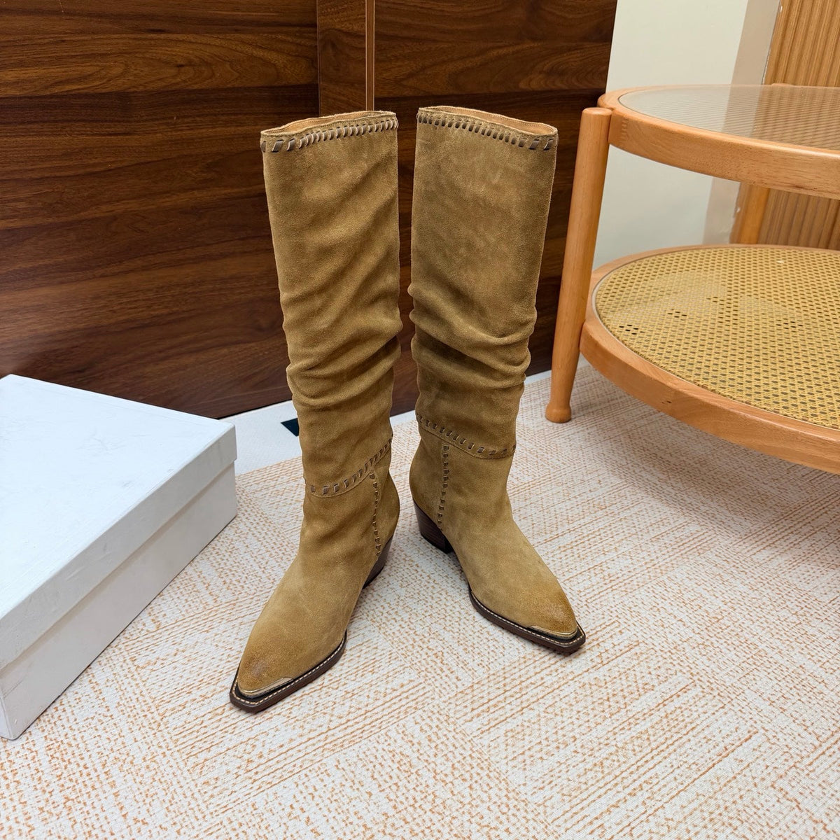 CE 26s Slouch Knee-High Boots 5cm Beige Suede 131457