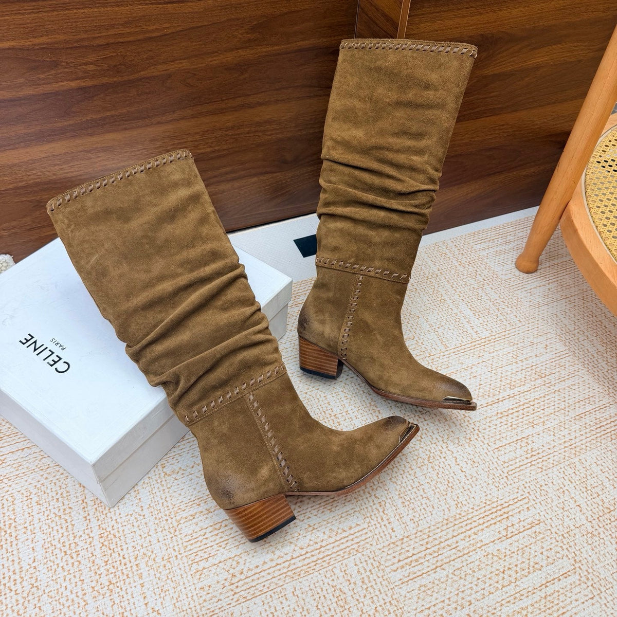 CE 26s Slouch Knee-High Boots 5cm Khaki Suede 131458