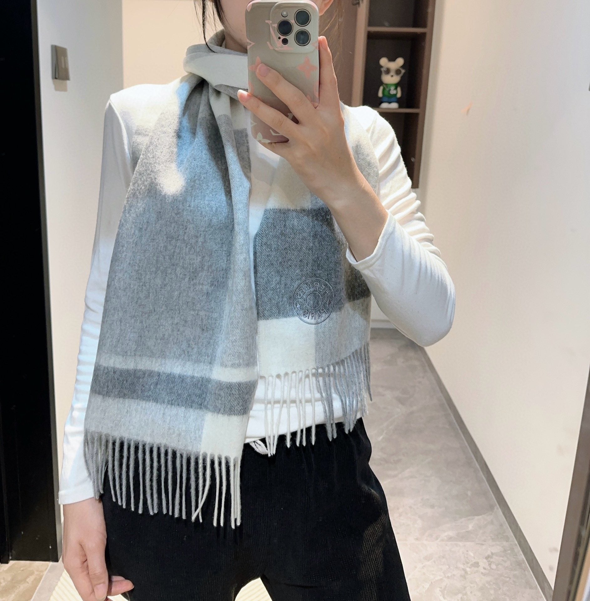Scarf 180 CM In Grey Black Mix White Cashmere 381230