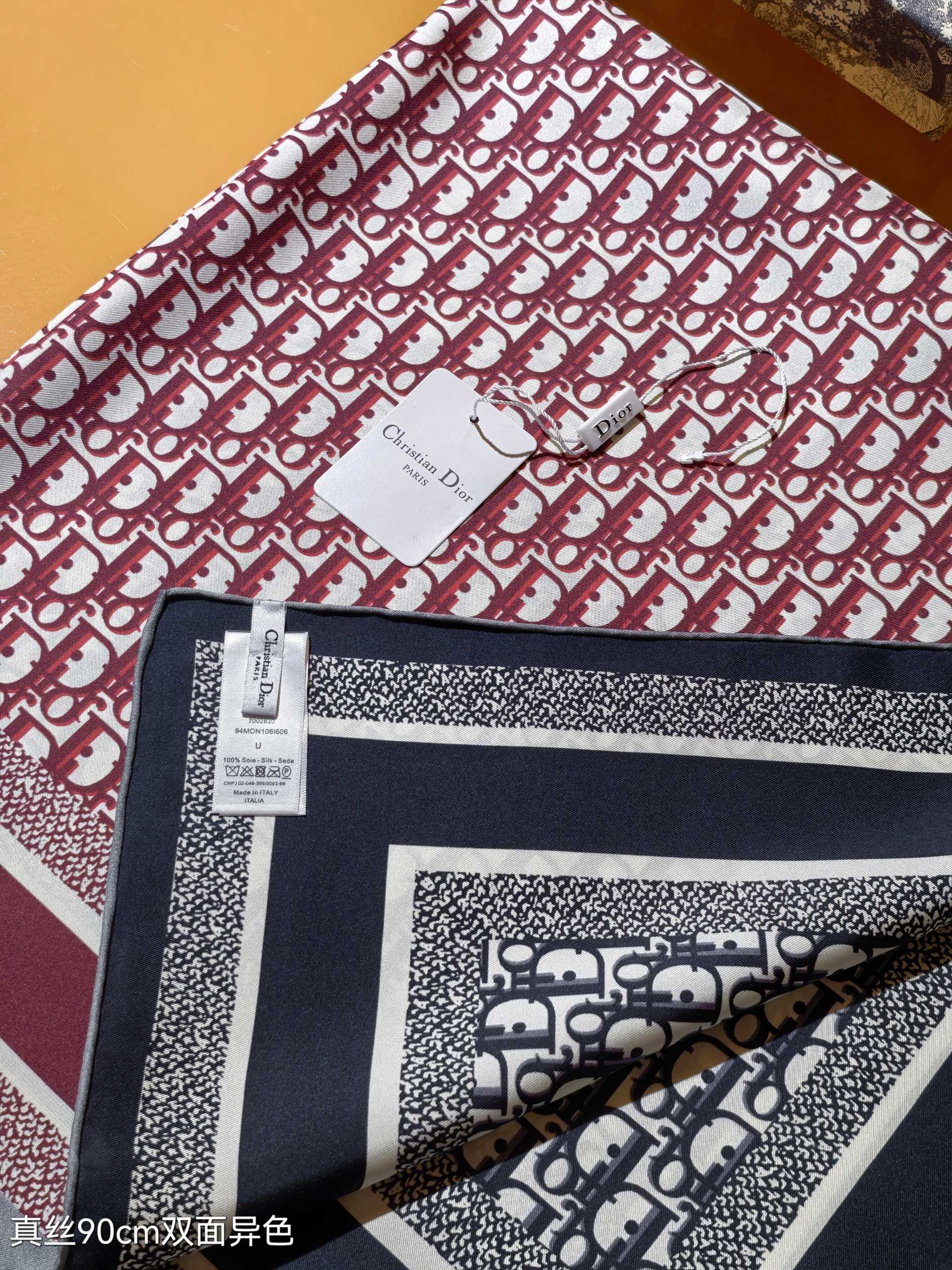 CD Oblique Diortwin Scarf 90x90 Burgundy Black Colorful Twill Silk 212075