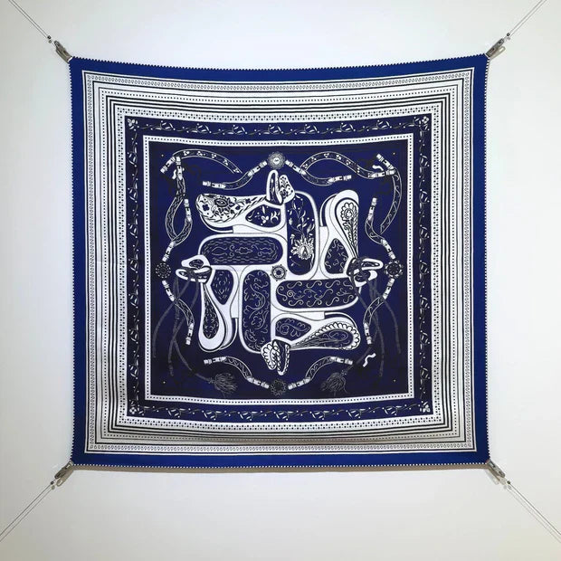 HM 26ss Amazon Scarf 90 Dark Blue White Twill Silk 132411