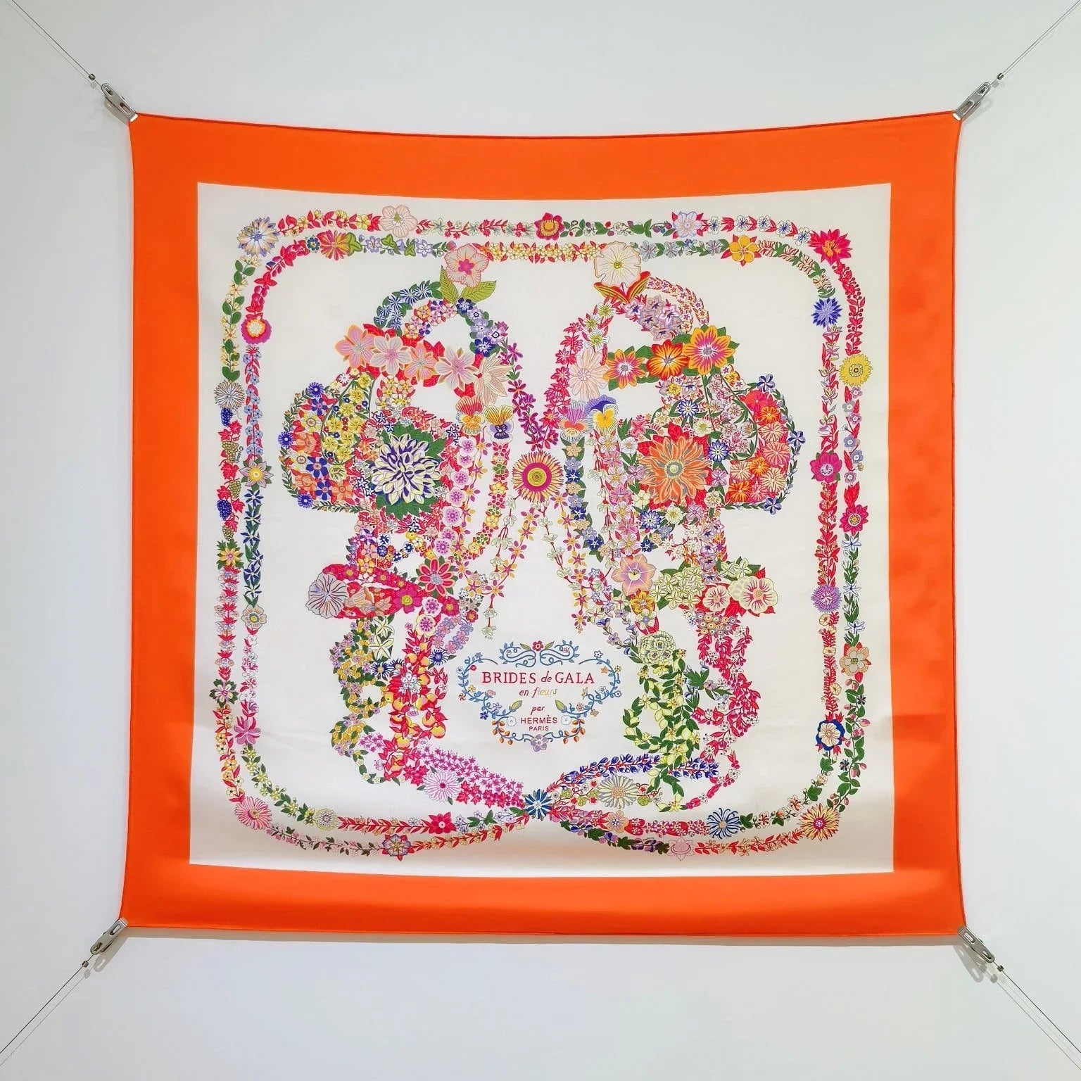 HM 26s 90 Double Sided Scarf White Orange Colorful Mulberry Silk 145756