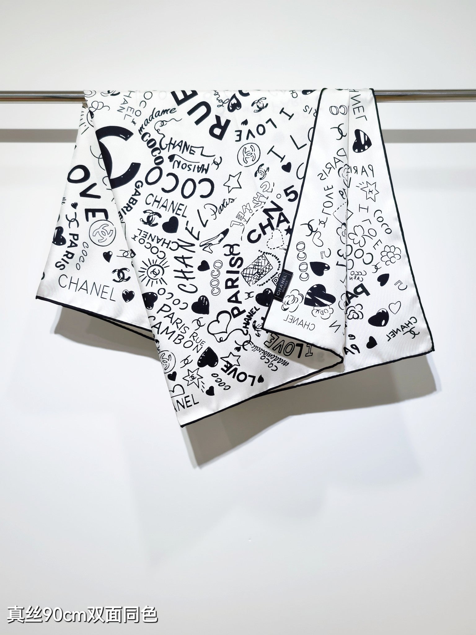CC Love Coco Scarf 90x90 Black White Twill Silk 212055