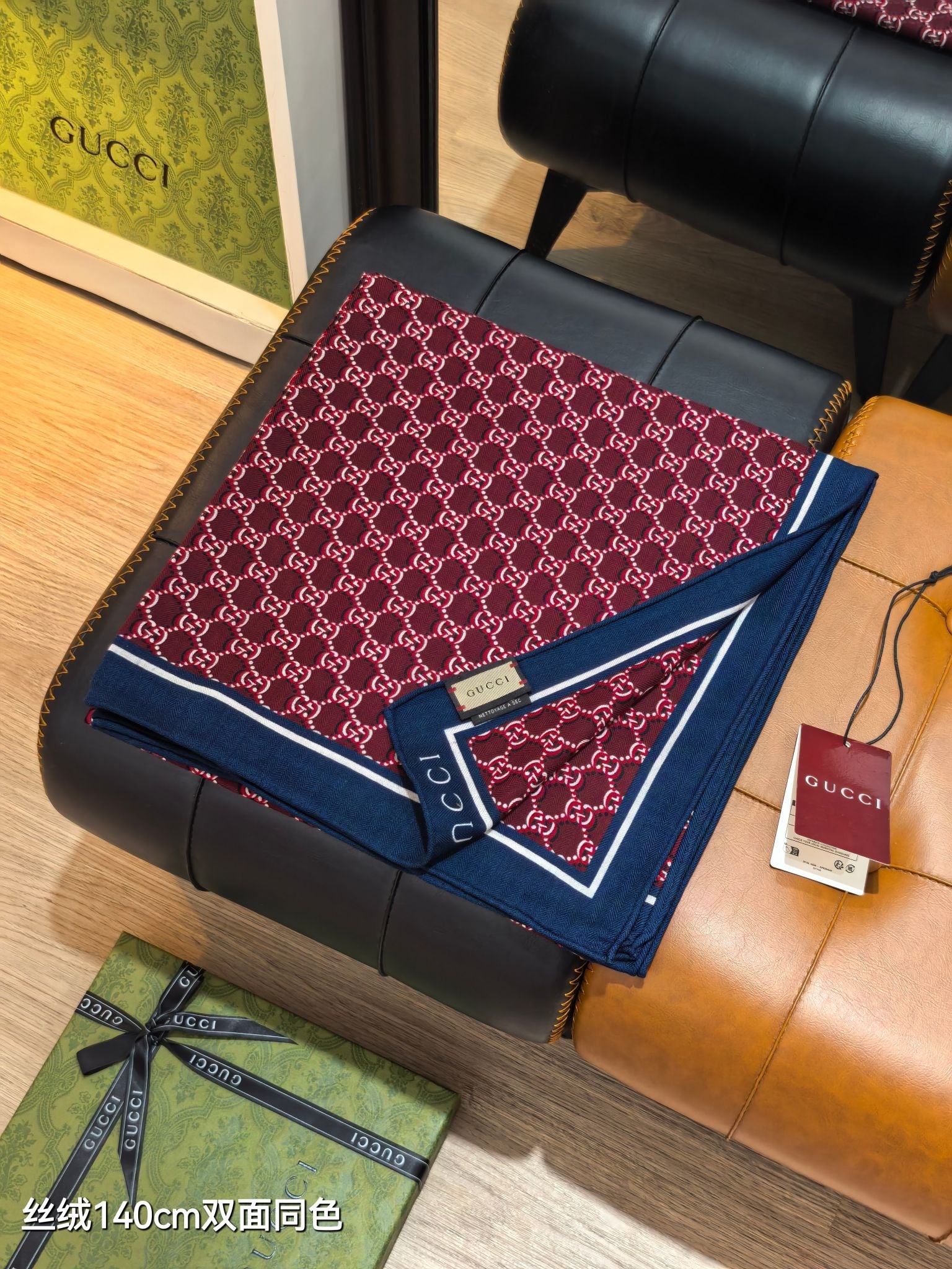GG Shadow-Print Silk Scarf 140 Burgundy Blue Cashmere Silk 145778