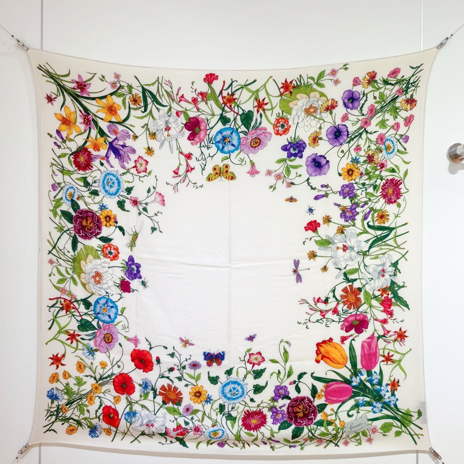 GG Flora-print Carré Scarf 140 White Silk Cashmere 145780