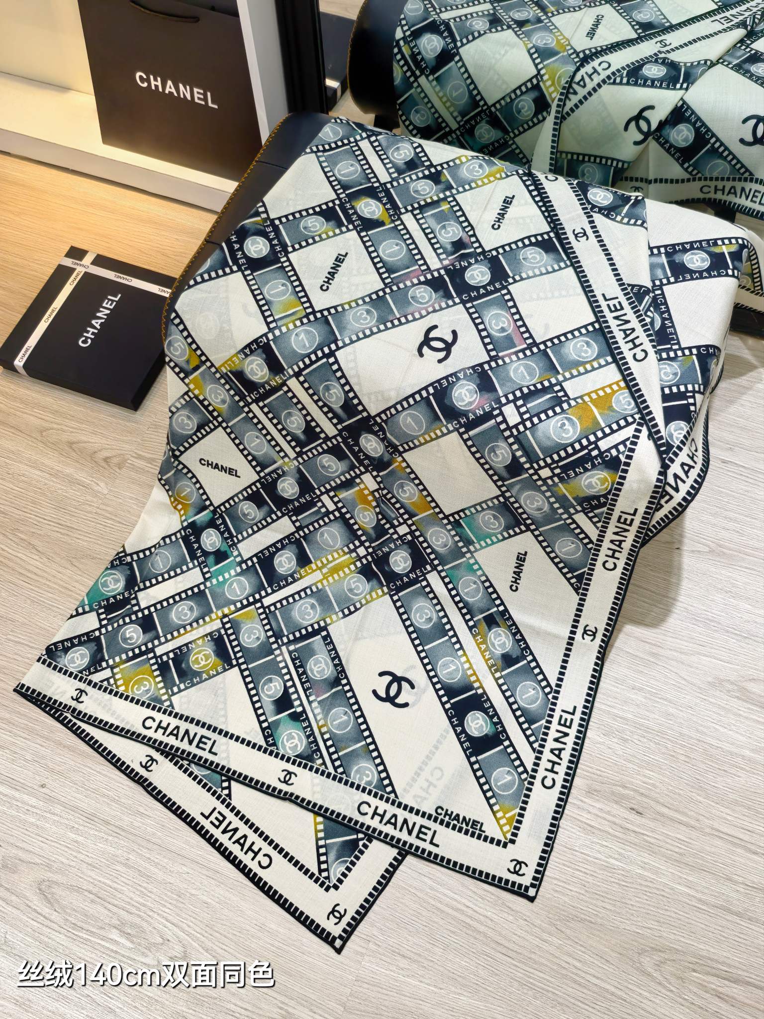 CC Camera Film Strip Scarf 140x140 Black Colorful Cashmere Silk 212034