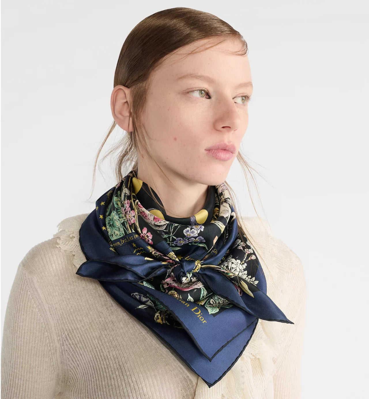 CD Astral Flowers Scarf 90x90 Navy Blue Colorful Twill Silk 219473