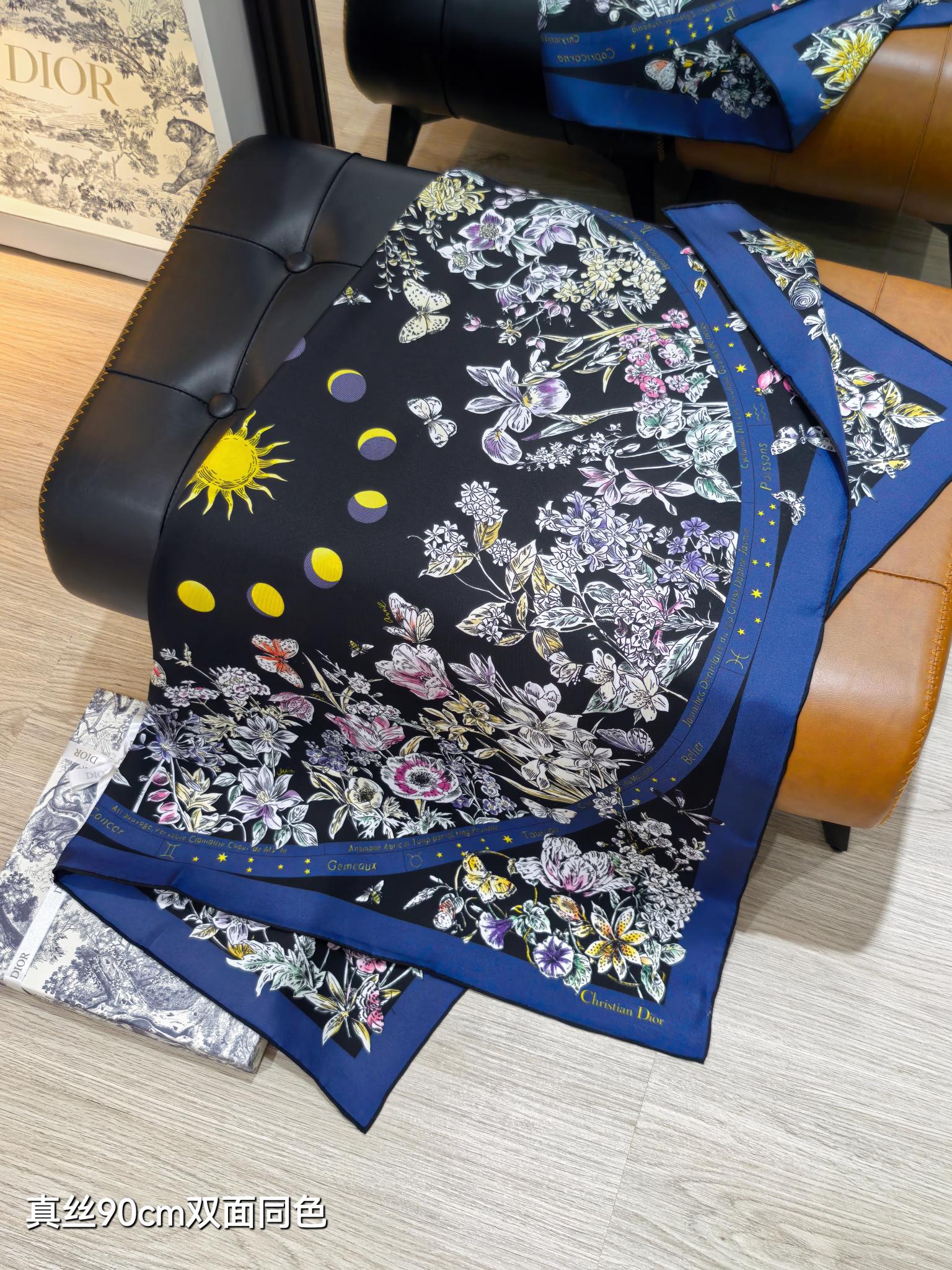 CD Astral Flowers Scarf 90x90 Navy Blue Colorful Twill Silk 219473