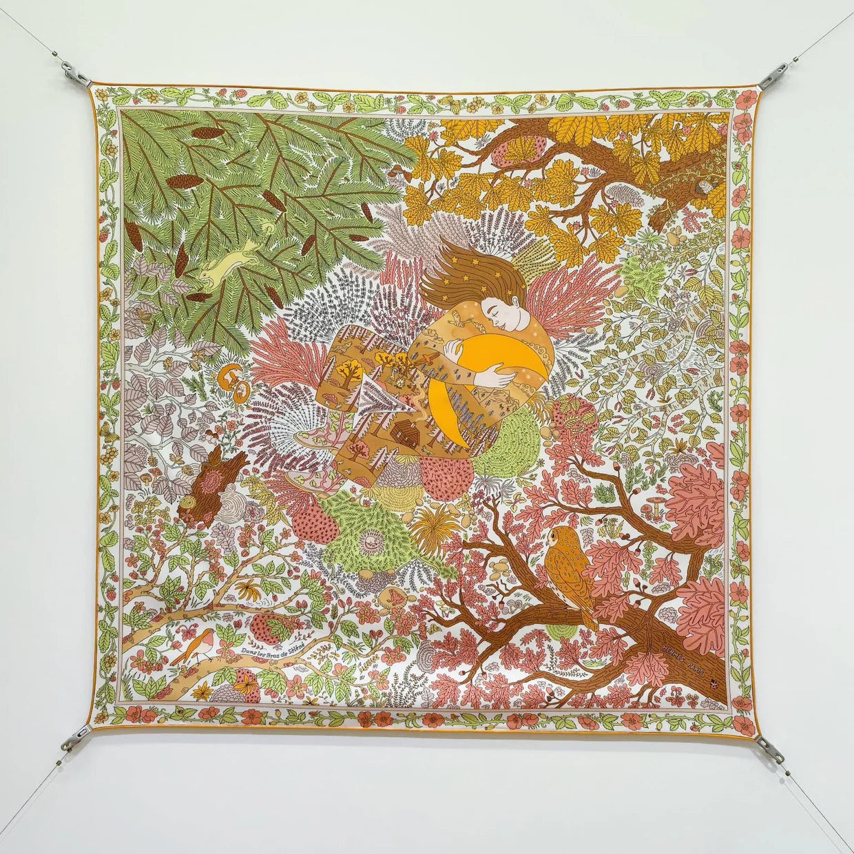 HM 26ss Sweet Saddle Scarf 90 Green Pink Twill Silk 132418