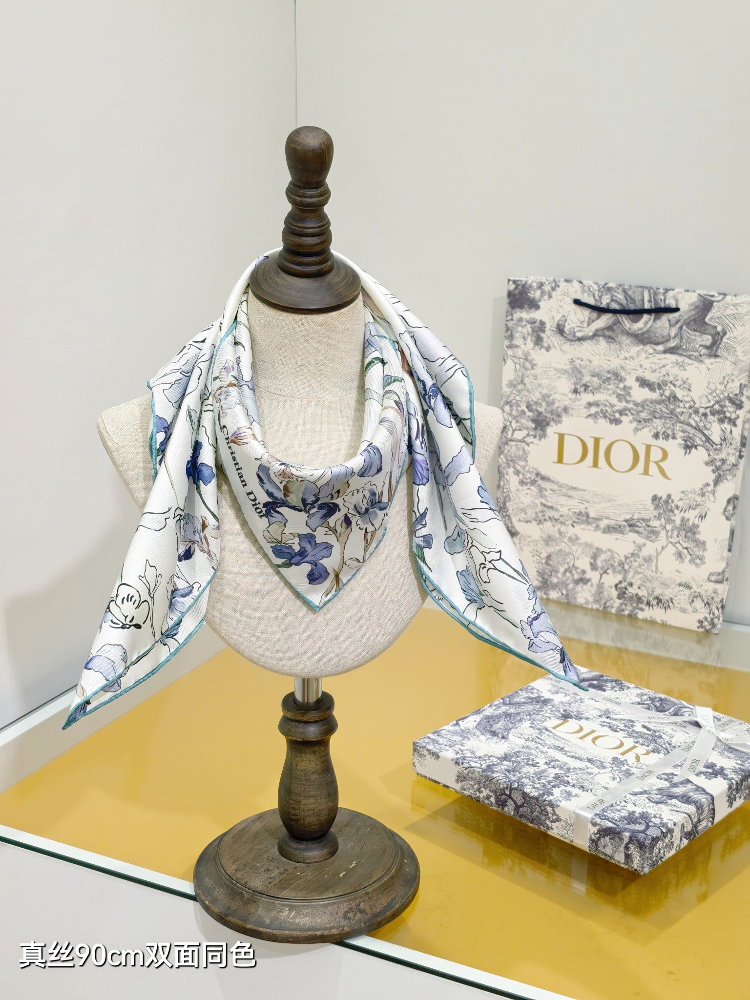CD Butterflies & Iris Scarf 90x90 Blue Colorful Twill Silk 219478
