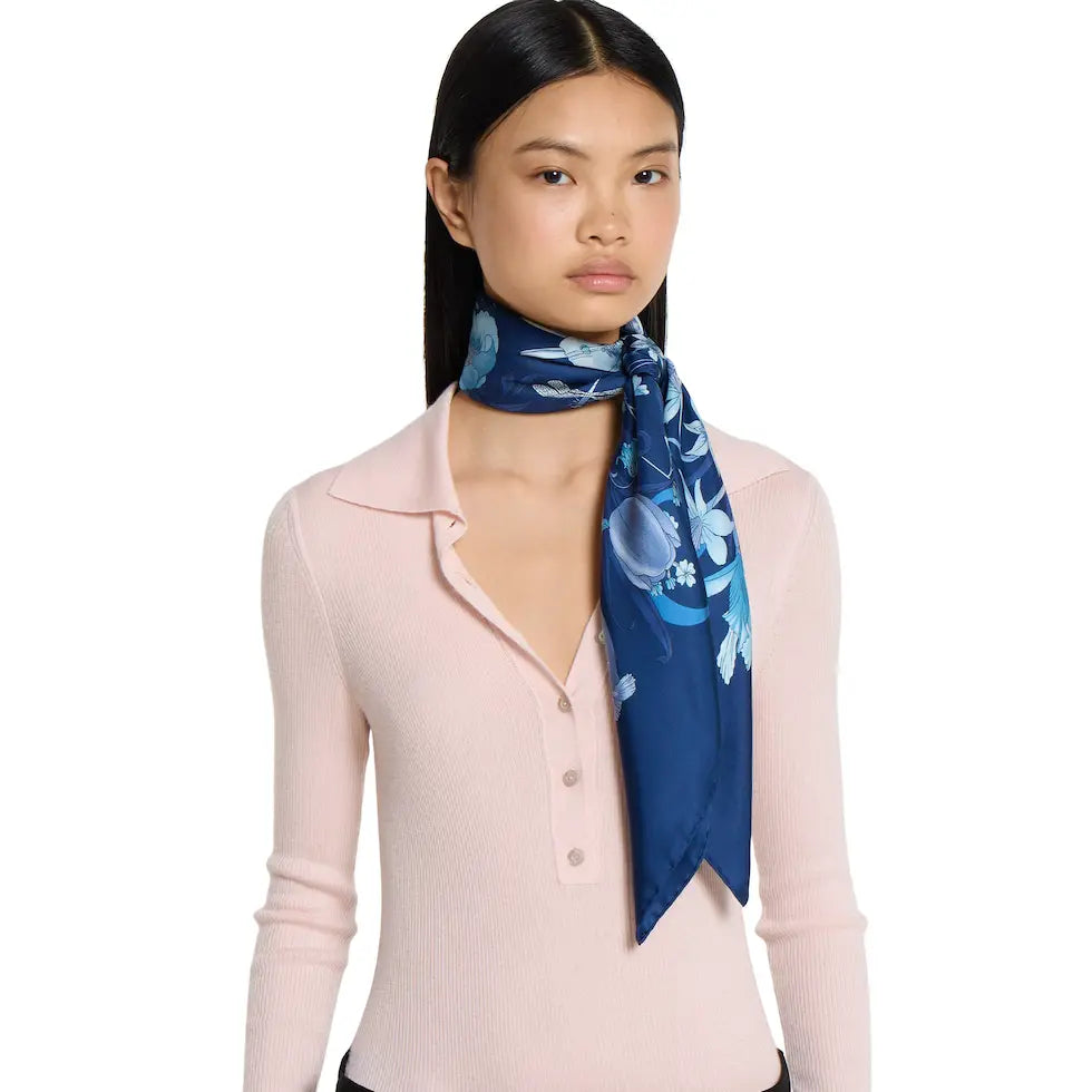 GG Floral Scarf 90x90 Blue Twill Silk 212065