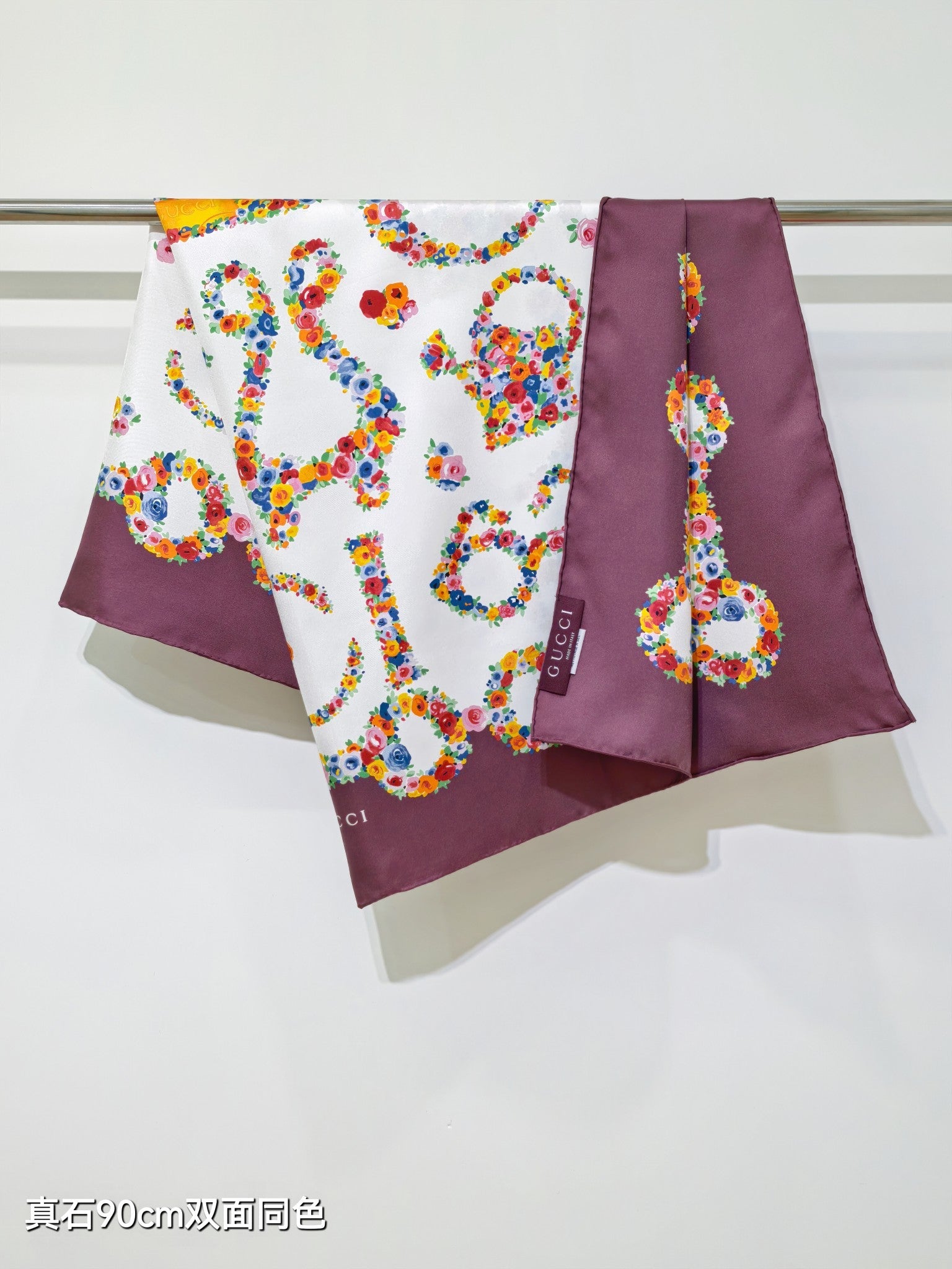 GG Floral Scarf 90x90cm Burgundy Colorful Silk Twill 209973