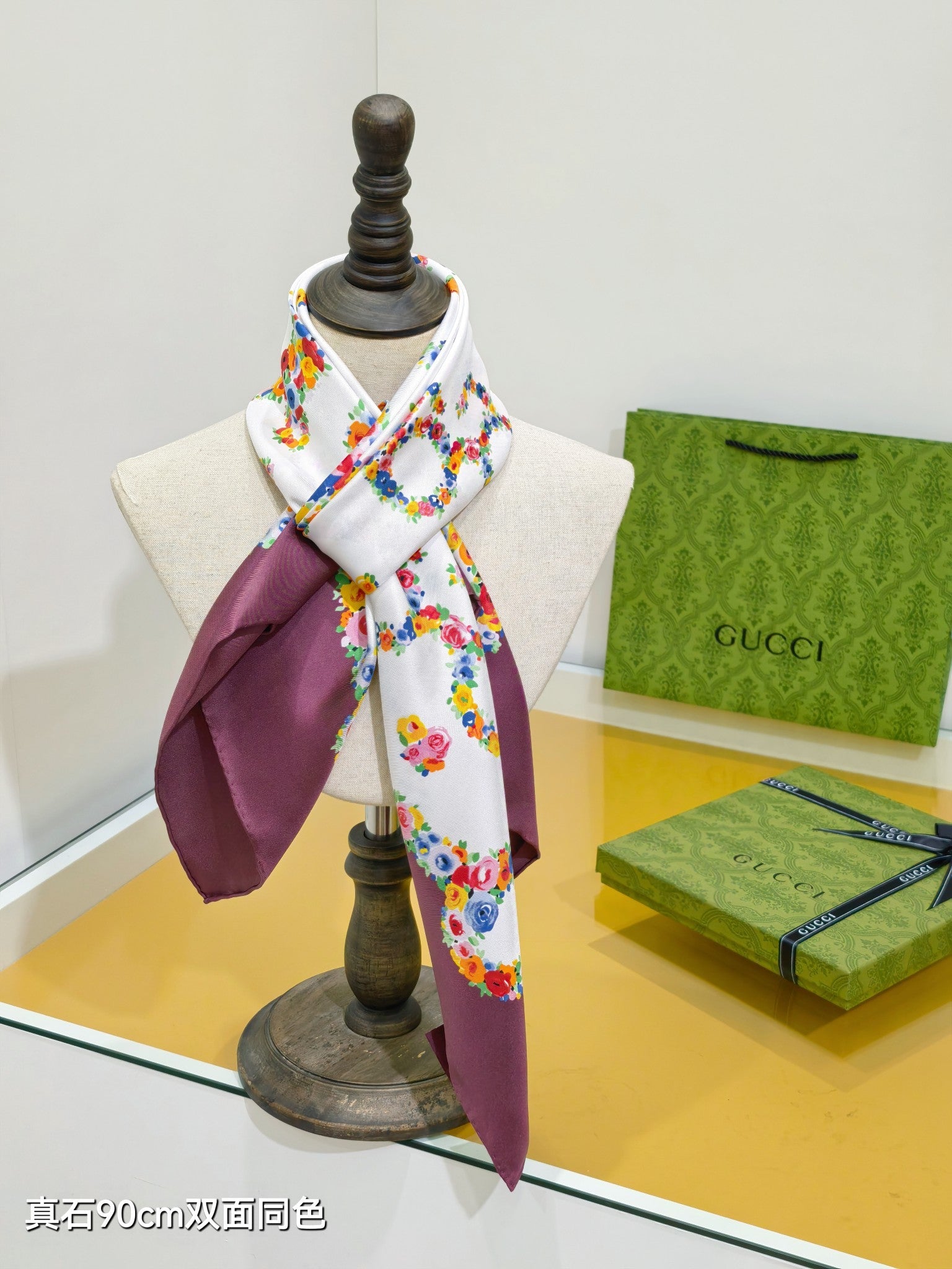 GG Floral Scarf 90x90cm Burgundy Colorful Silk Twill 209973