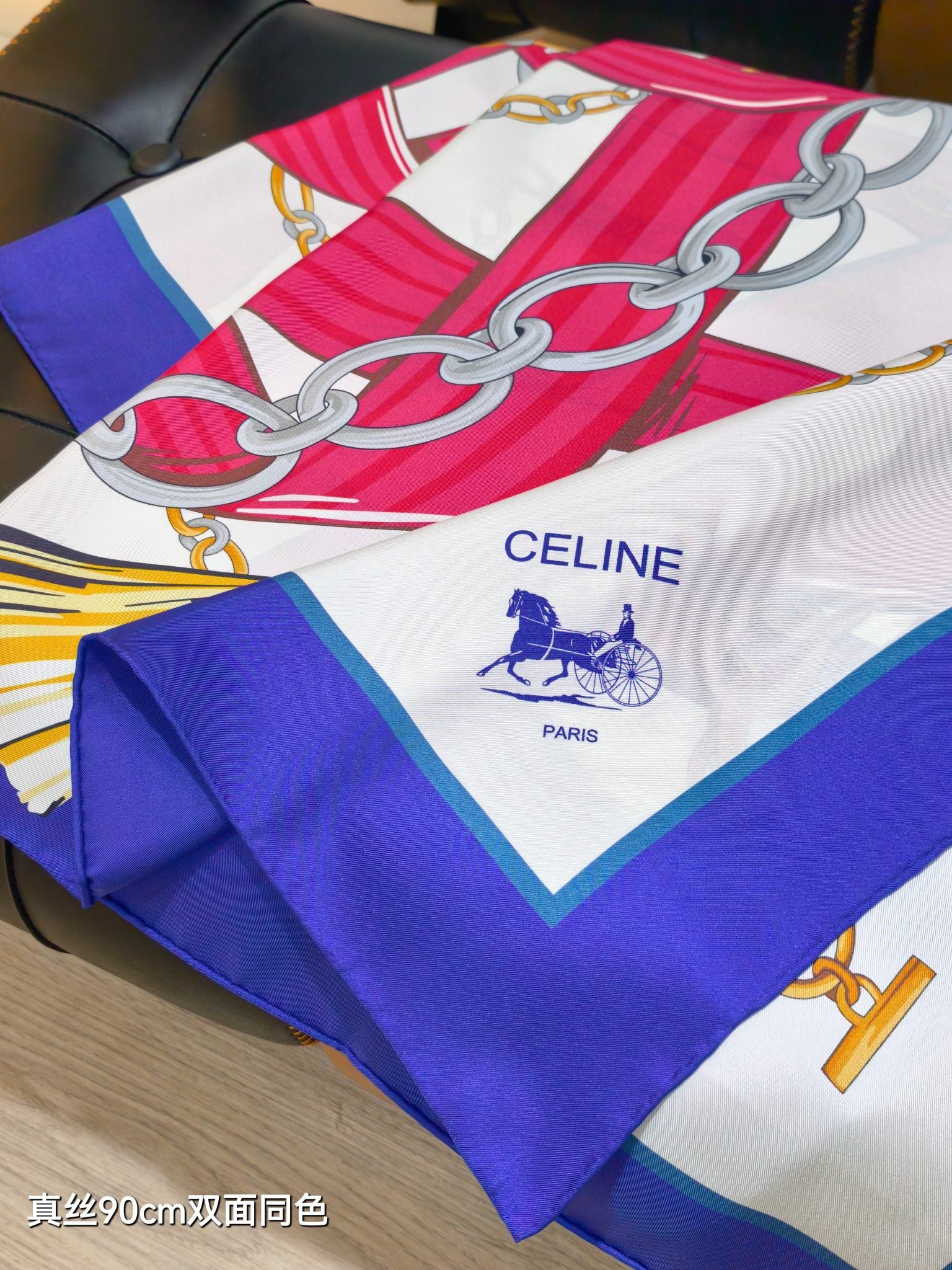 Celine 90x90cm Scarf Navy Blue Colorful Silk Twill 209977