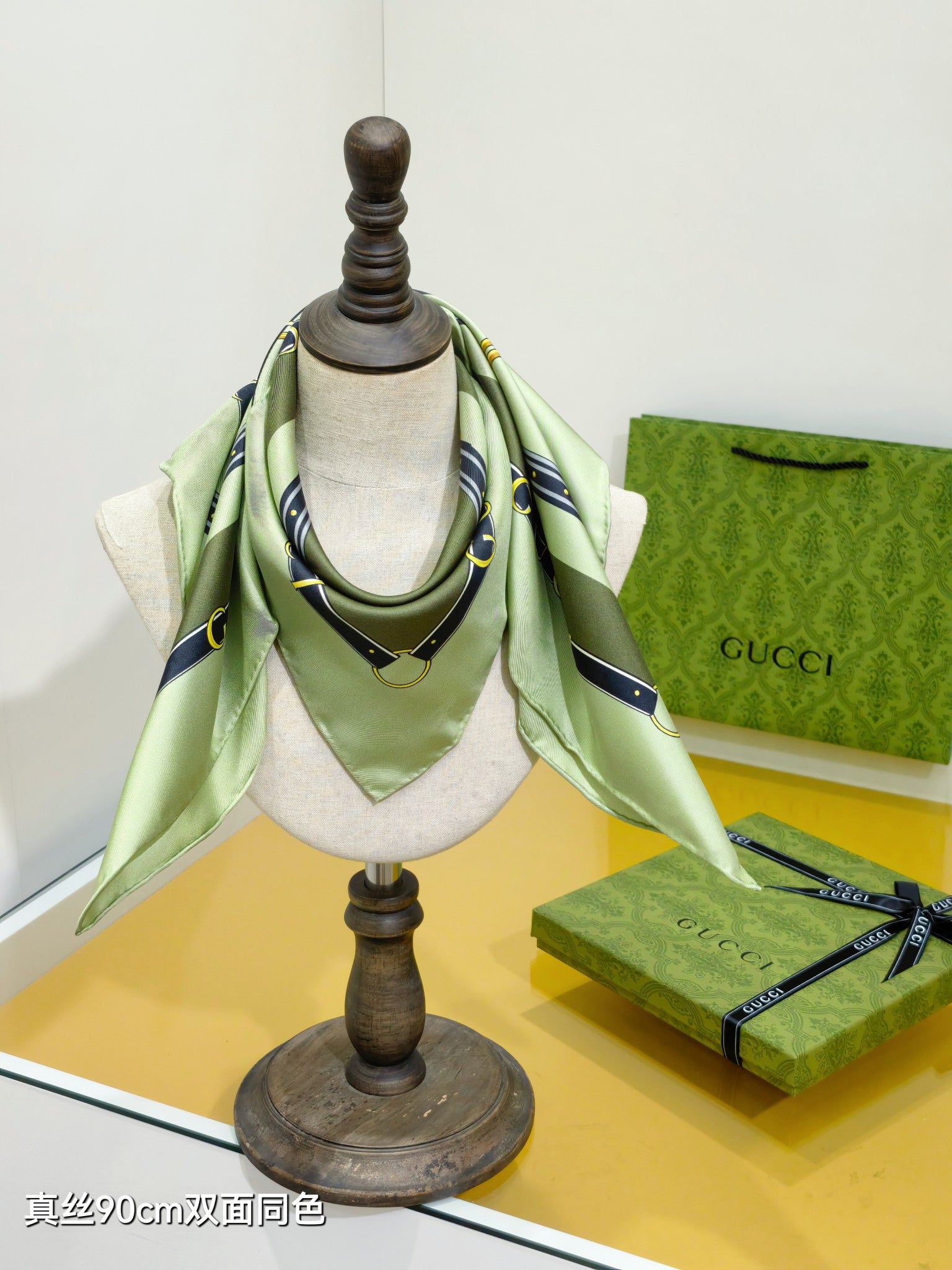 GG Double-Sided 90x90cm Olive Green Colorful Twill Silk 194450