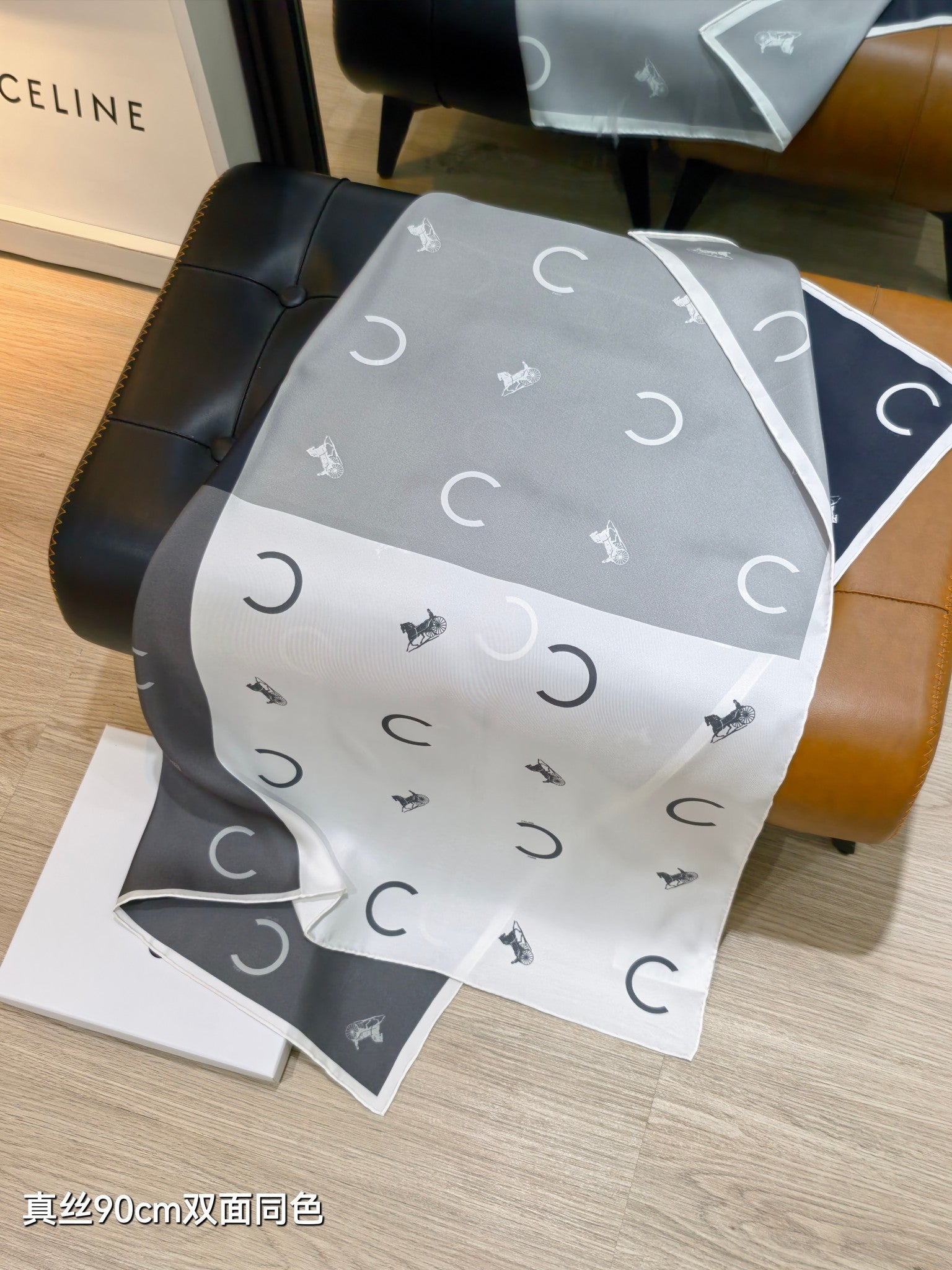 Celine Scarf 90x90 Black White Twill Silk 212082