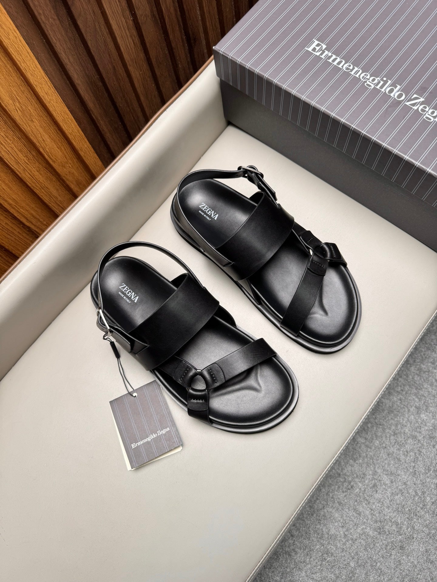 Zegna Men’s Sandals Black Glossy Calfskin 175817