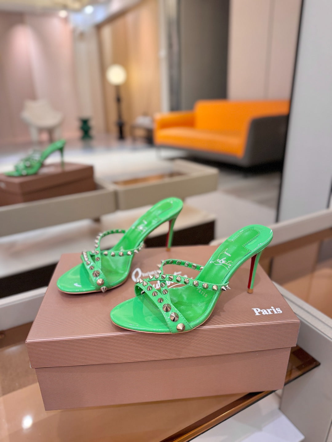 CL Tatooshka Spikes Mule 8.5cm Green Nappa Leather 776041