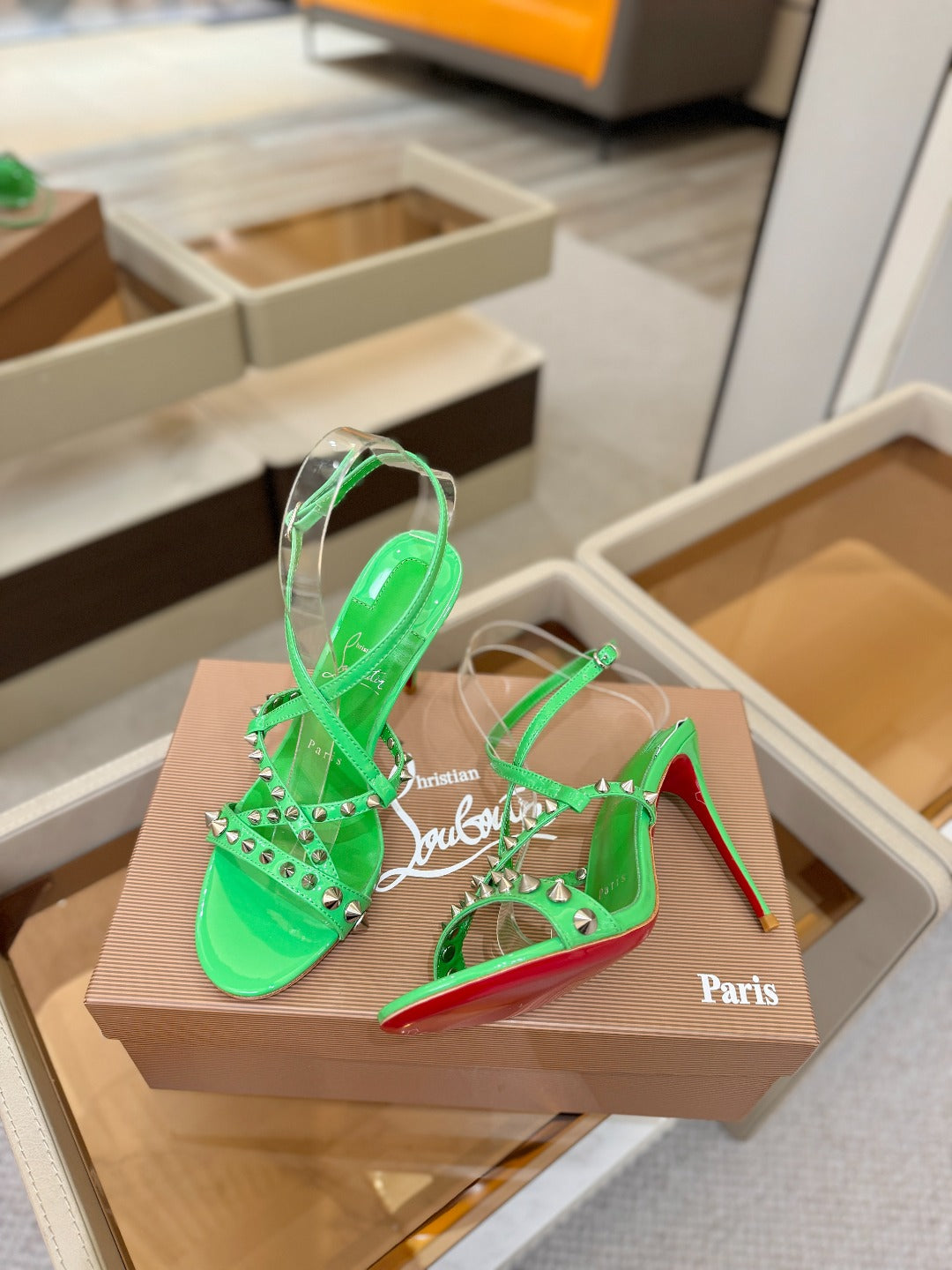 CL Tatooshka Spikes Sandal 10cm Green Nappa Leather 776046