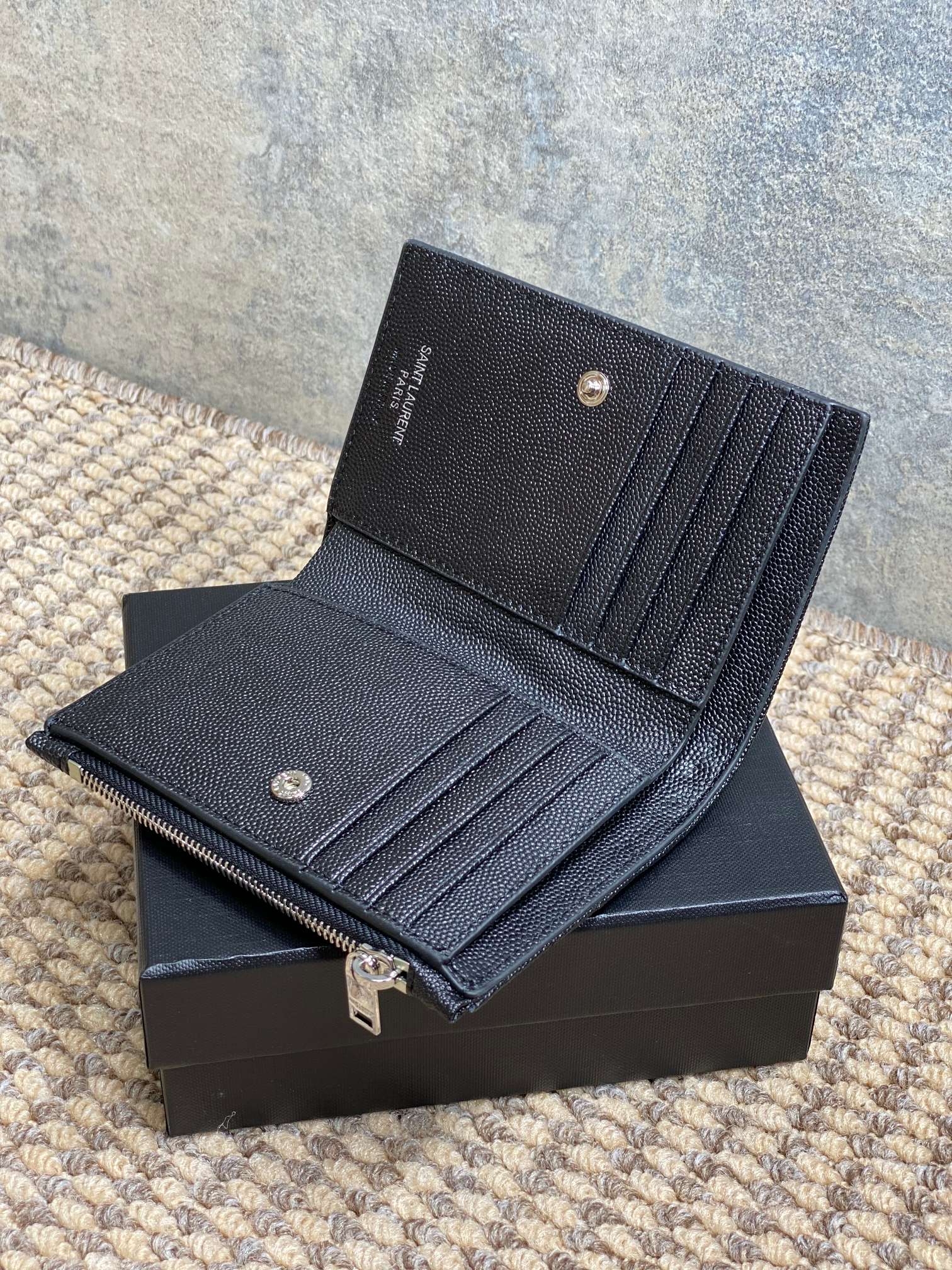 YSL Monogram Wallet Wallet 13cm Black Caviar Cowhide Sliver HW