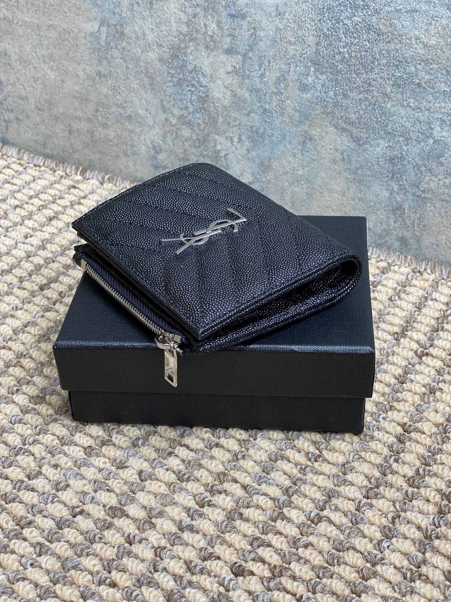 YSL Cassandre Matelassé Bi-Fold Wallet Black Caviar Cowhide Sliver HW