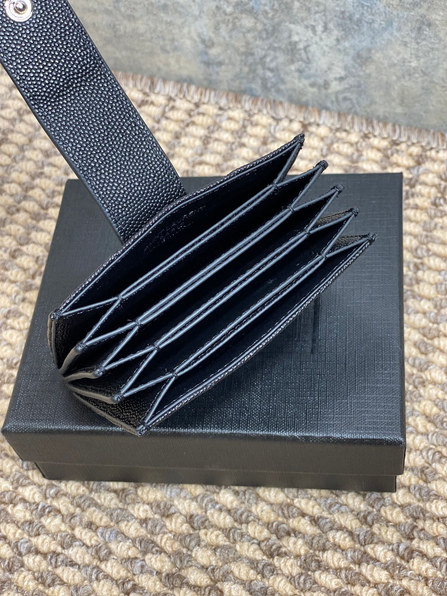 YSL Accordion Card Wallet Black 11cm Caviar Cowhide Sliver HW