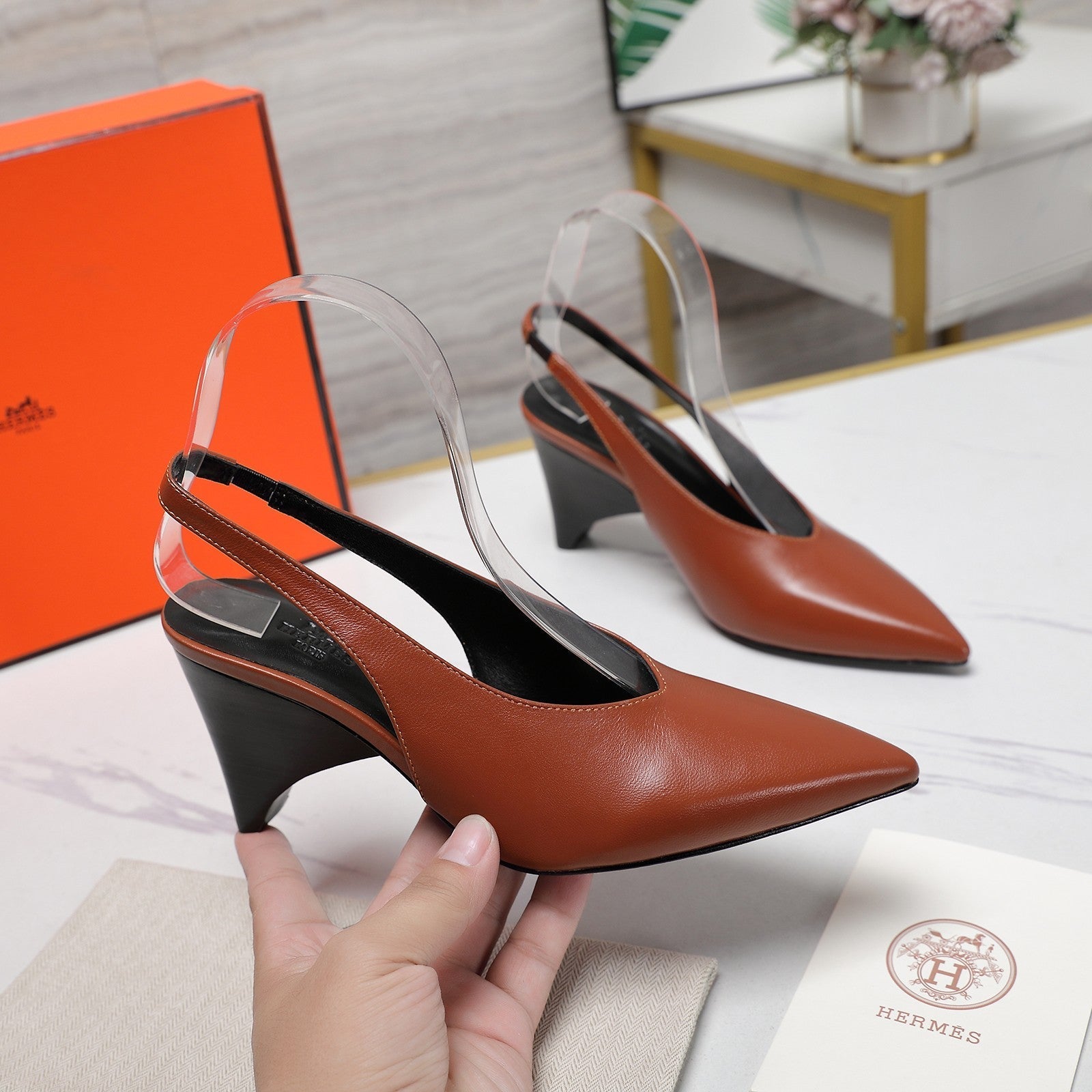 HM Classic High-Heeled Slingback 70mm Brown Sheepskin 547640