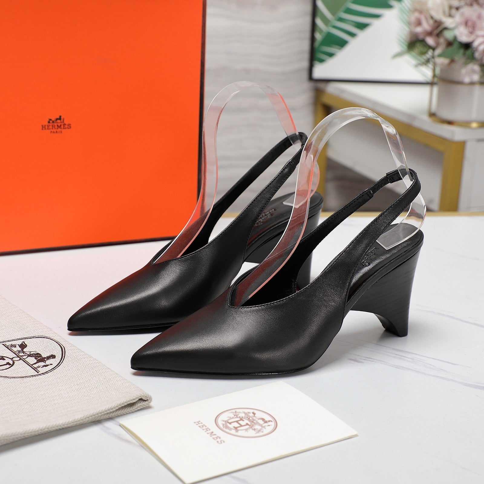HM Classic High-Heeled Slingback 70mm Black Sheepskin 547641