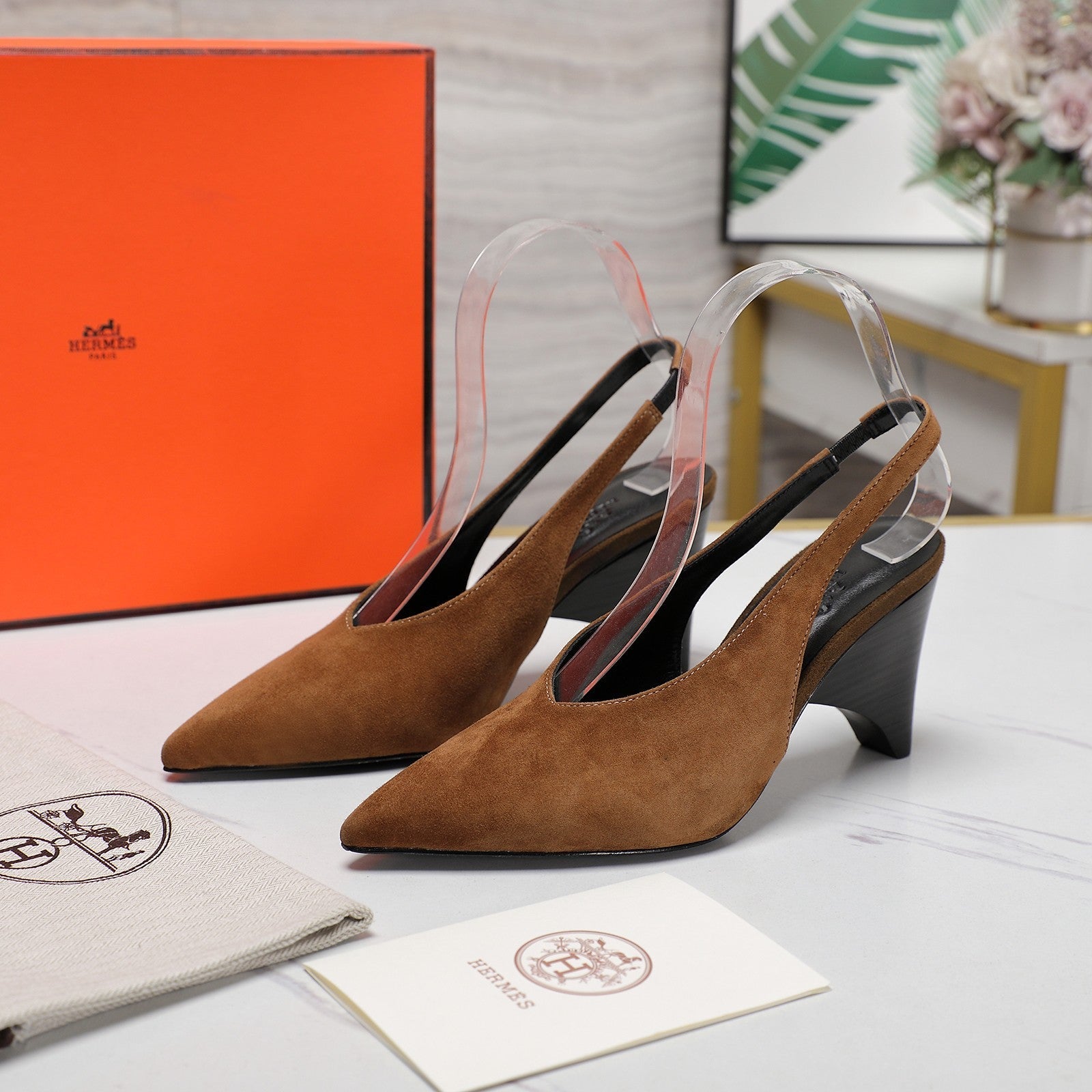 HM Classic High-Heeled Slingback 70mm Brown Suede Sheepskin 547642