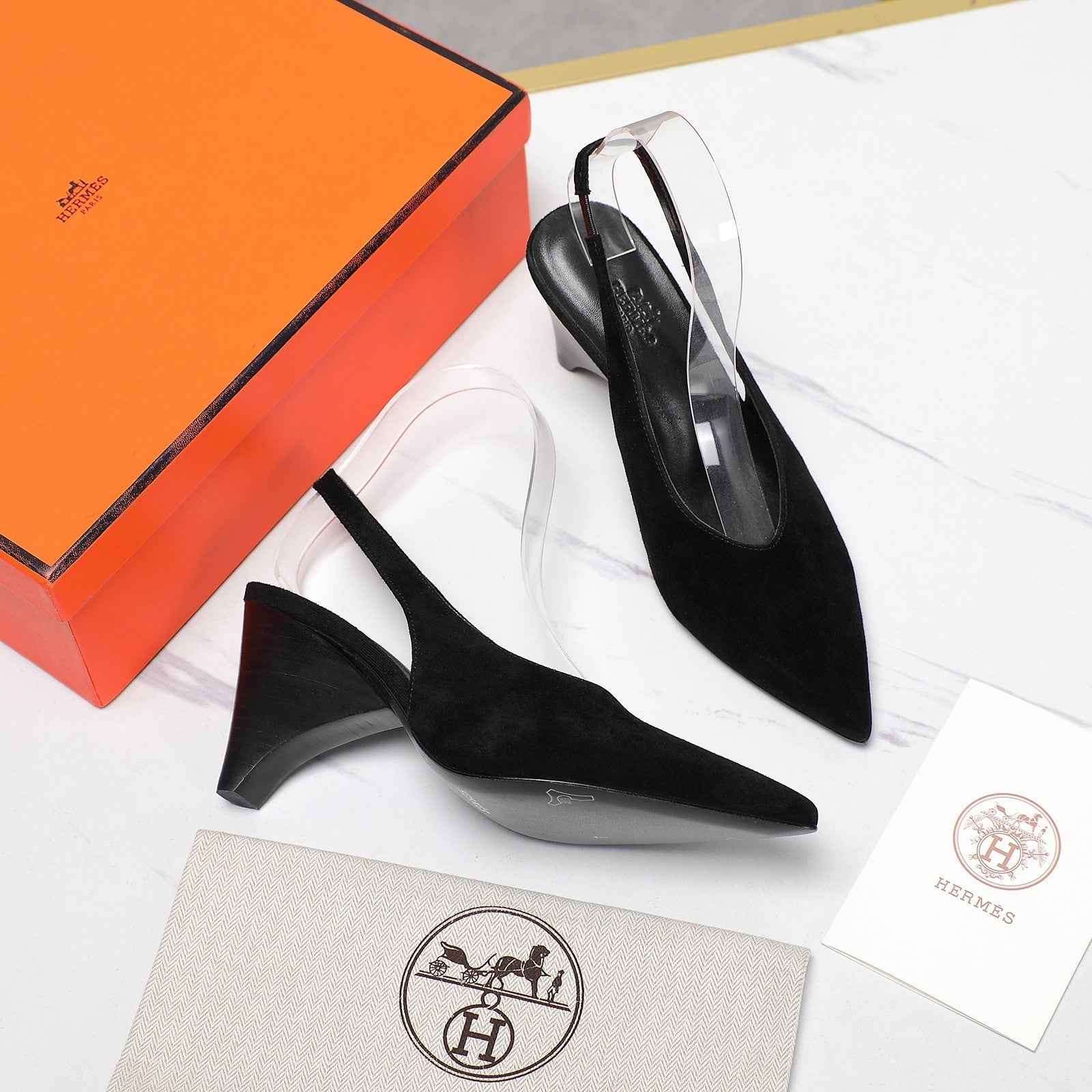 HM Classic High-Heeled Slingback 70mm Black Suede Sheepskin 547643