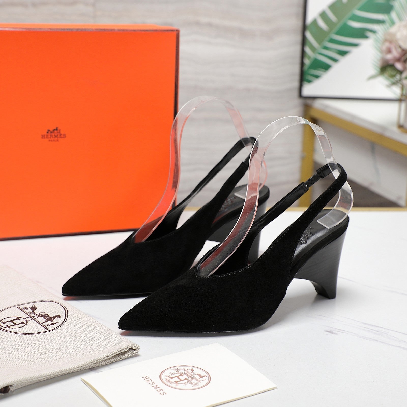 HM Classic High-Heeled Slingback 70mm Black Suede Sheepskin 547643