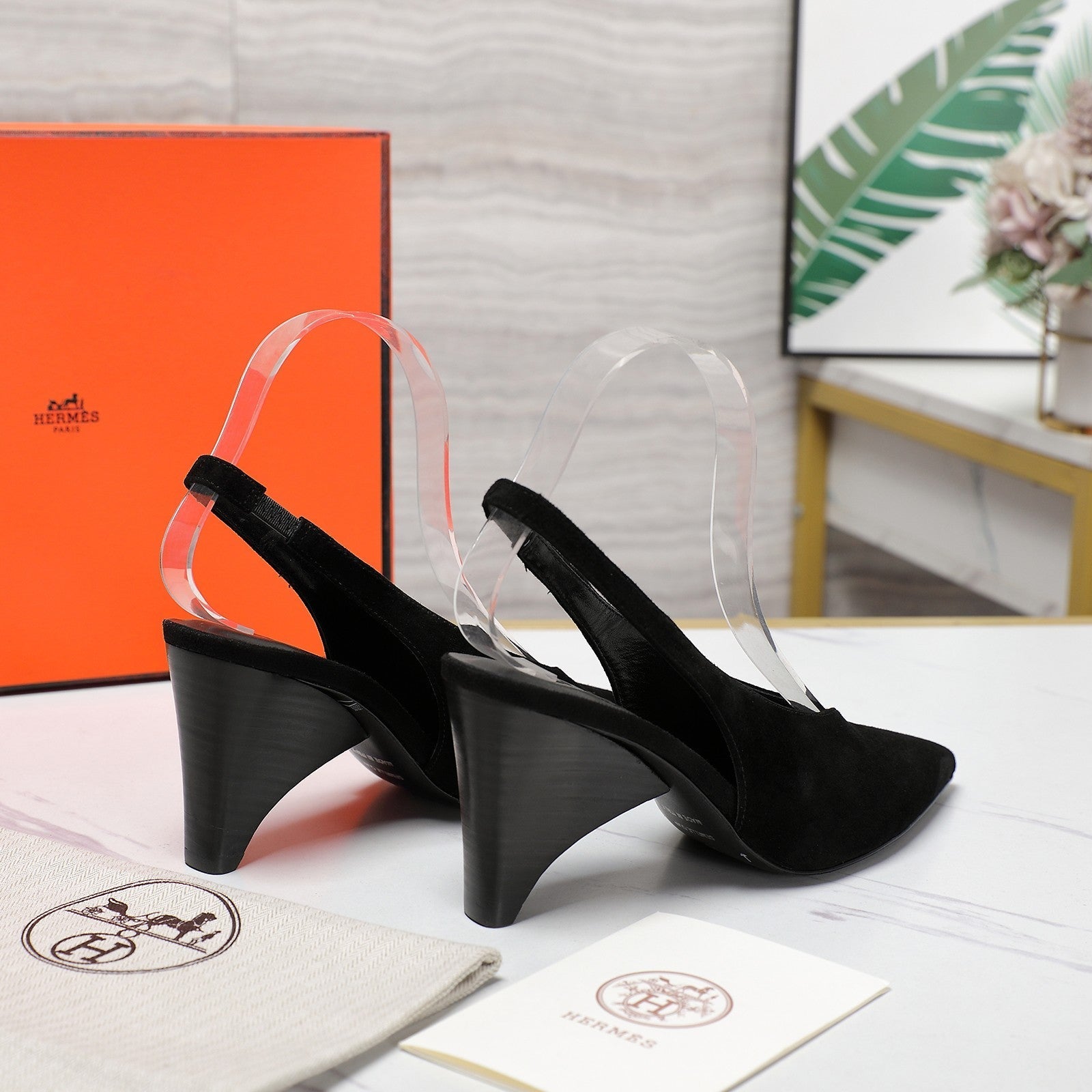 HM Classic High-Heeled Slingback 70mm Black Suede Sheepskin 547643