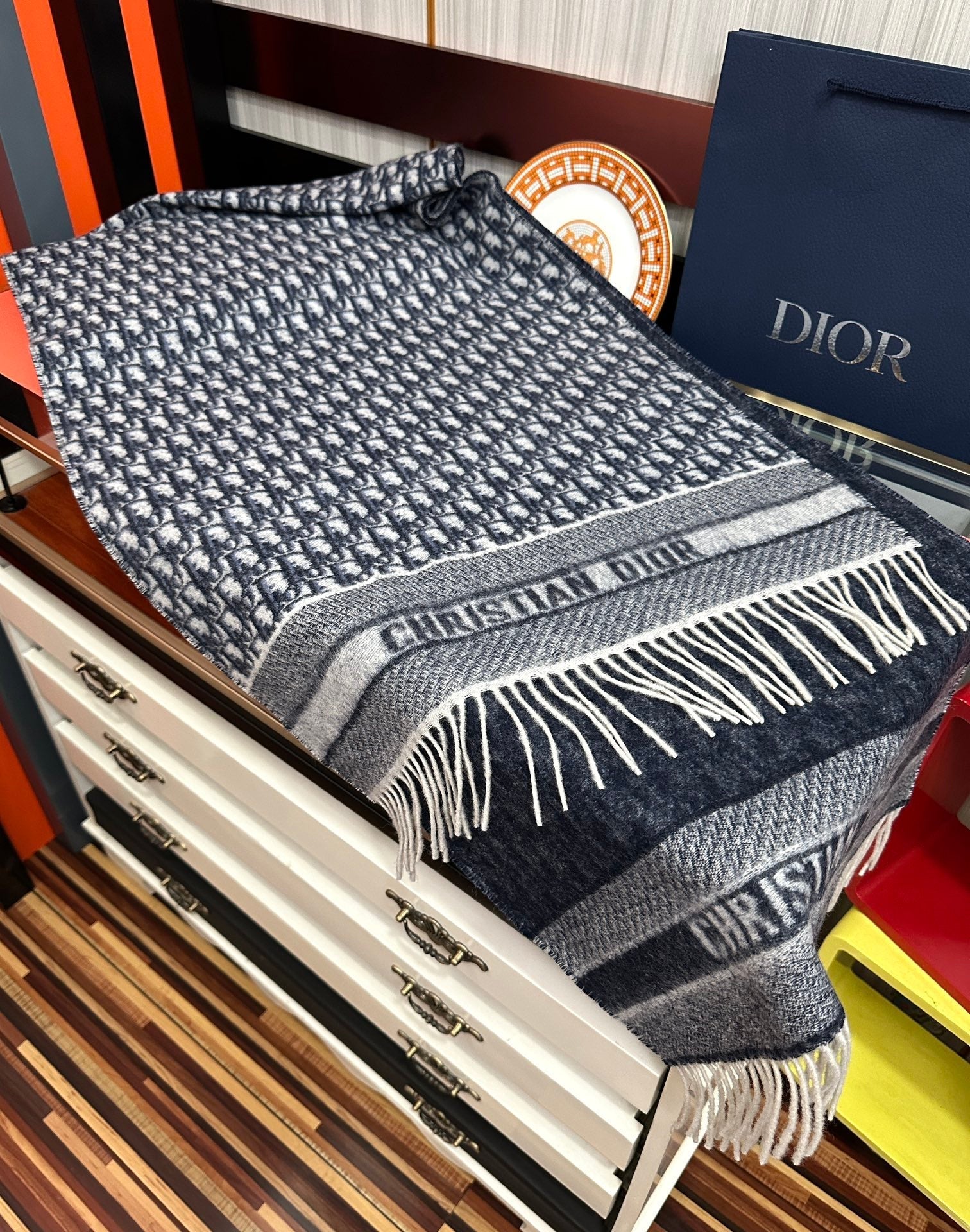 OBLIQUE 190 CM SCARF IN DARK BLUE MIX WHITE TECHNICAL CASHMERE 415486
