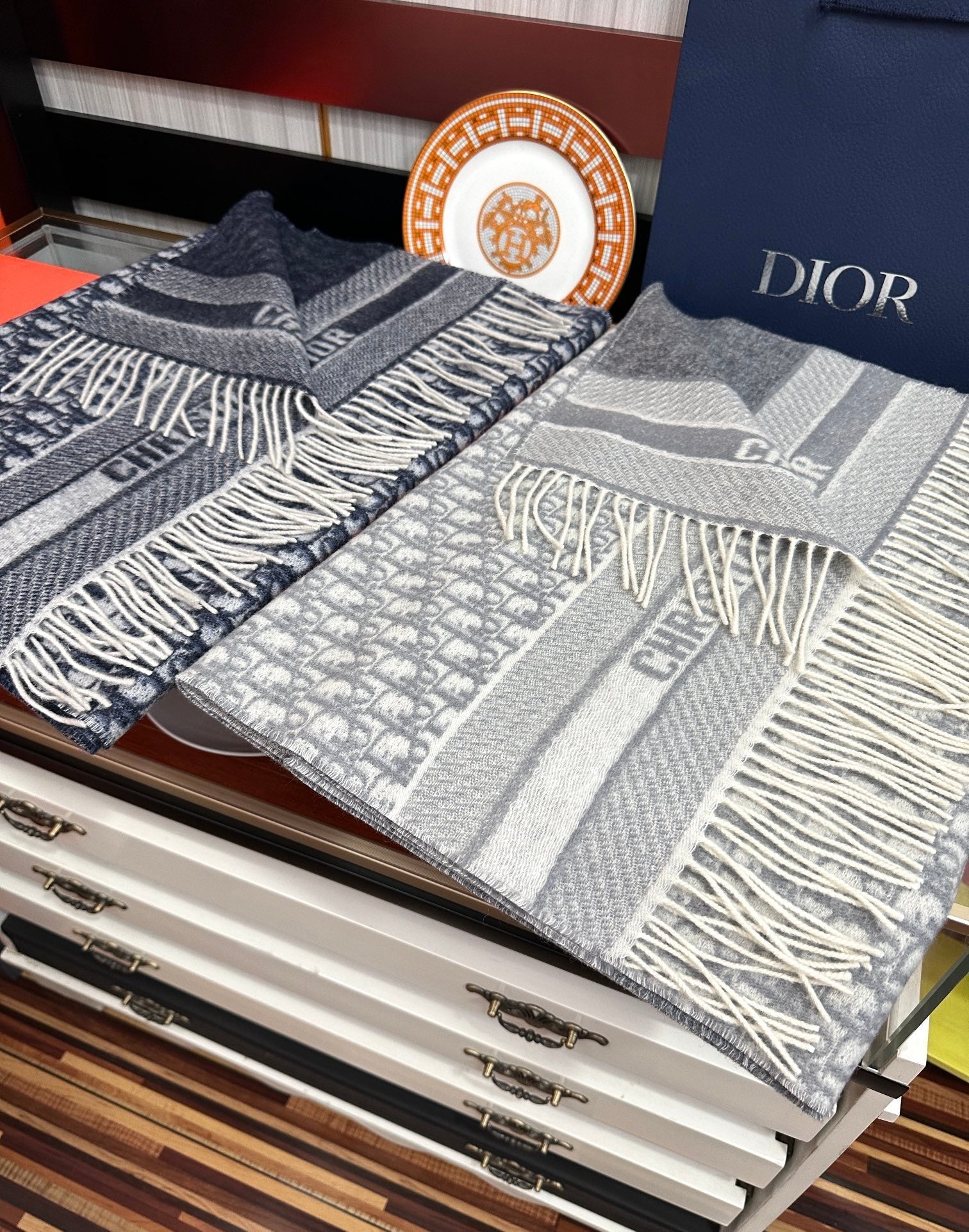 OBLIQUE 190 CM SCARF IN DARK BLUE MIX WHITE TECHNICAL CASHMERE 415486