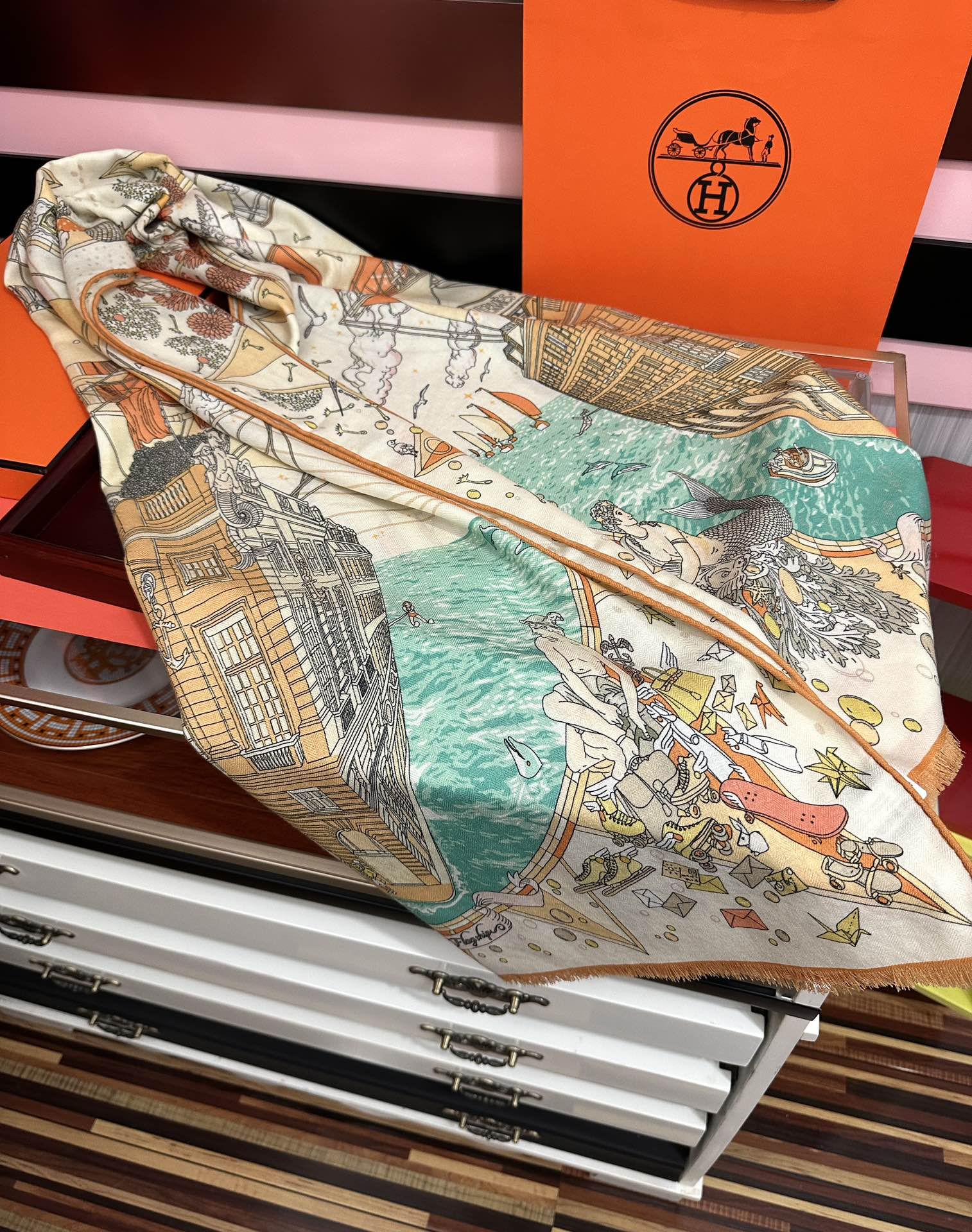 HM 26s Double-sided Scarf 185cm Creme Orange Vert Cashmere 153122