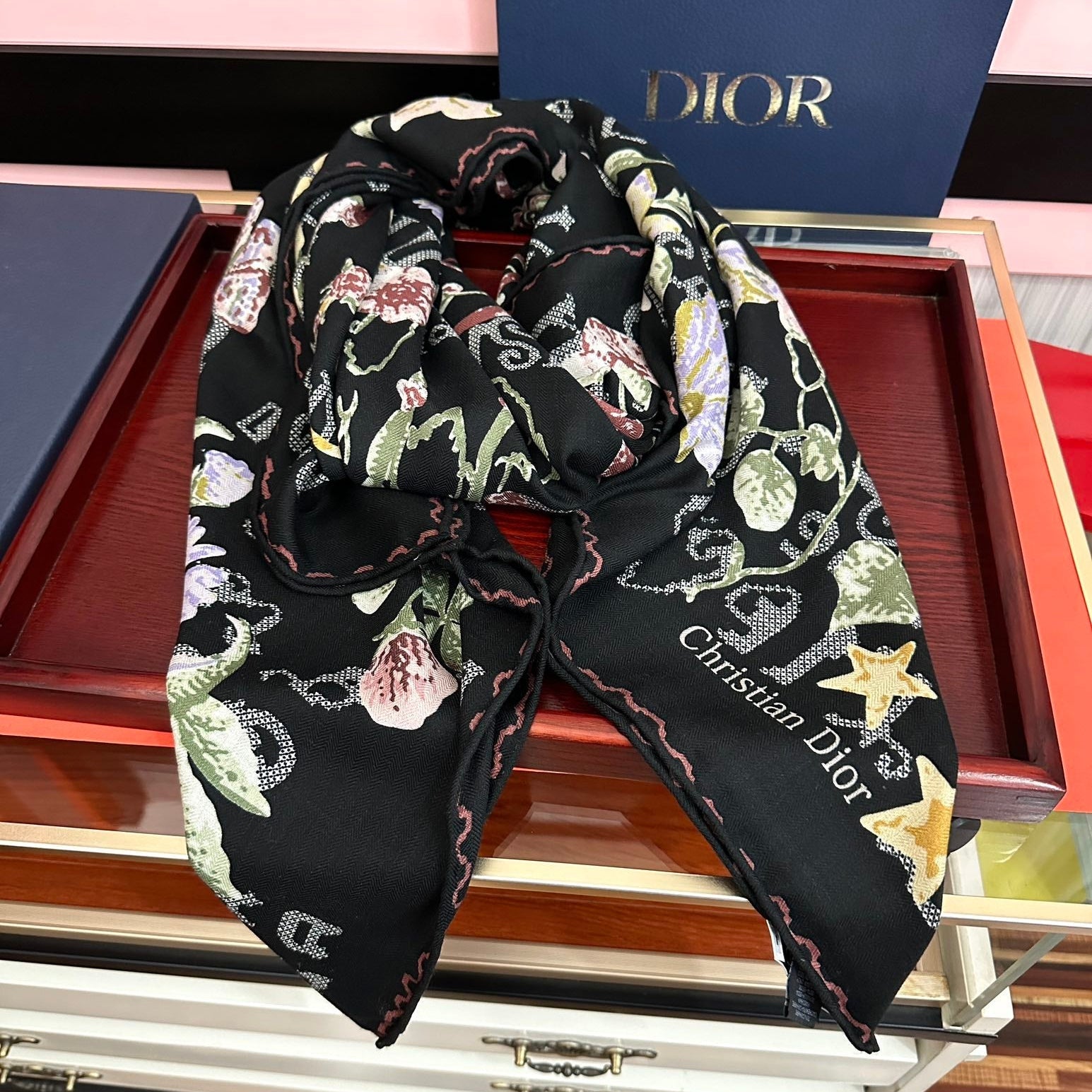 CD Double-Sided Scarf 140cm Noir Multicolor Cashmere Silk 153131
