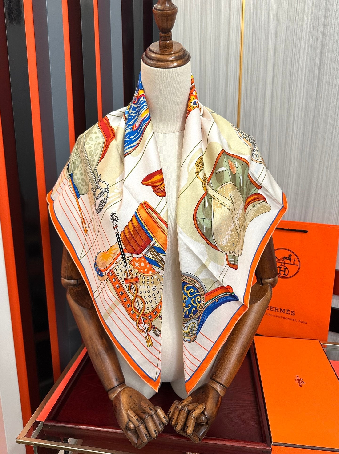 HM Tous en Selle Scarf 90x90cm Orange Colorful Twill Silk 304662