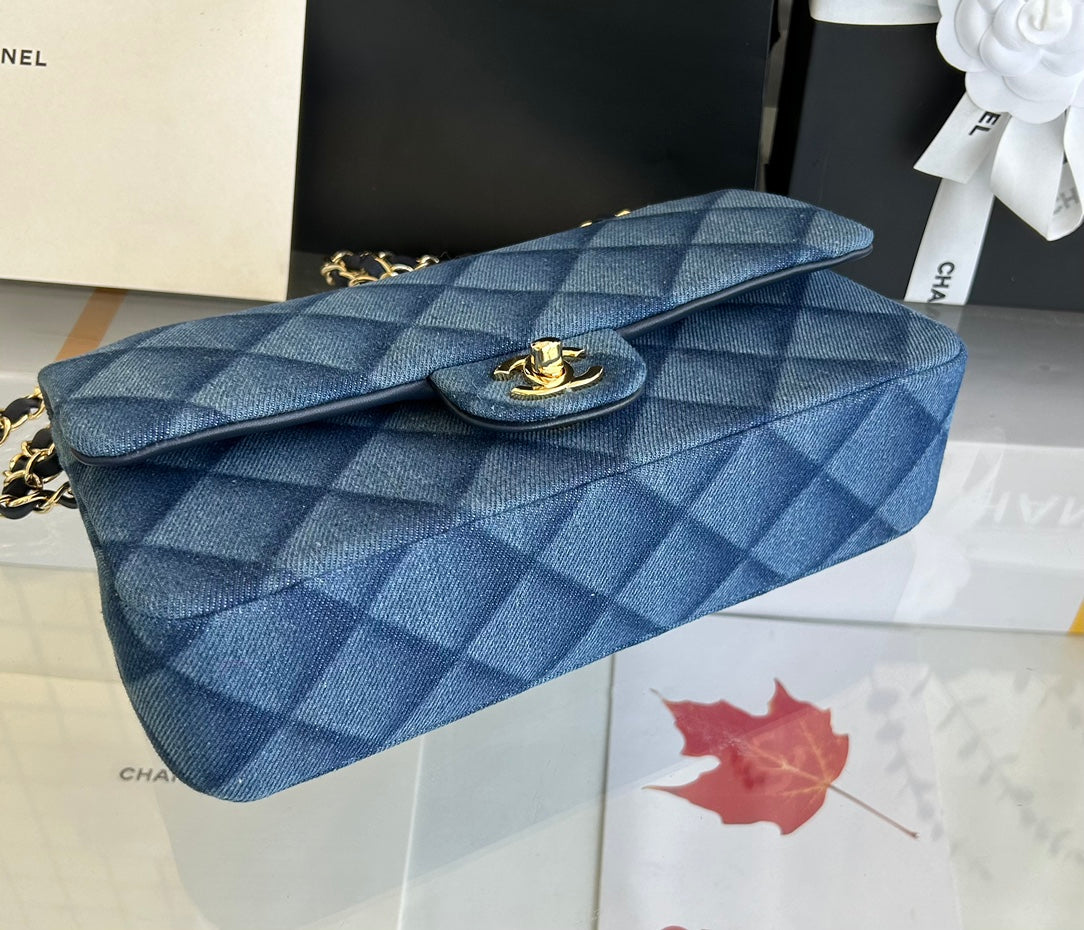 MINI FLAP BAG 20 IN CLASSIC BLUE DENIM GOLD HARDWARE