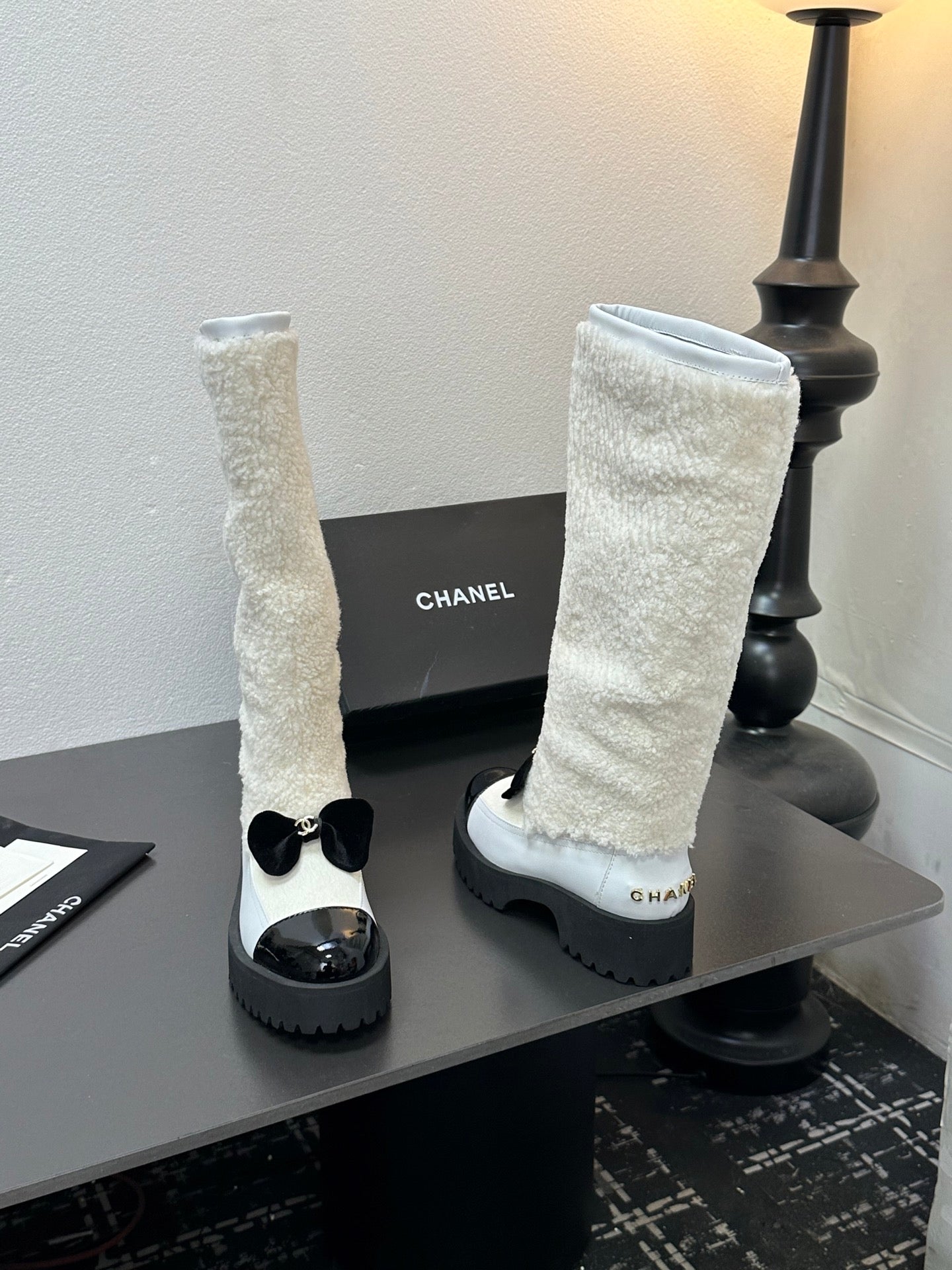 CC Coco Neige 2025/26 High Boots Black White Shearling Lambskin Patent Leather 529340