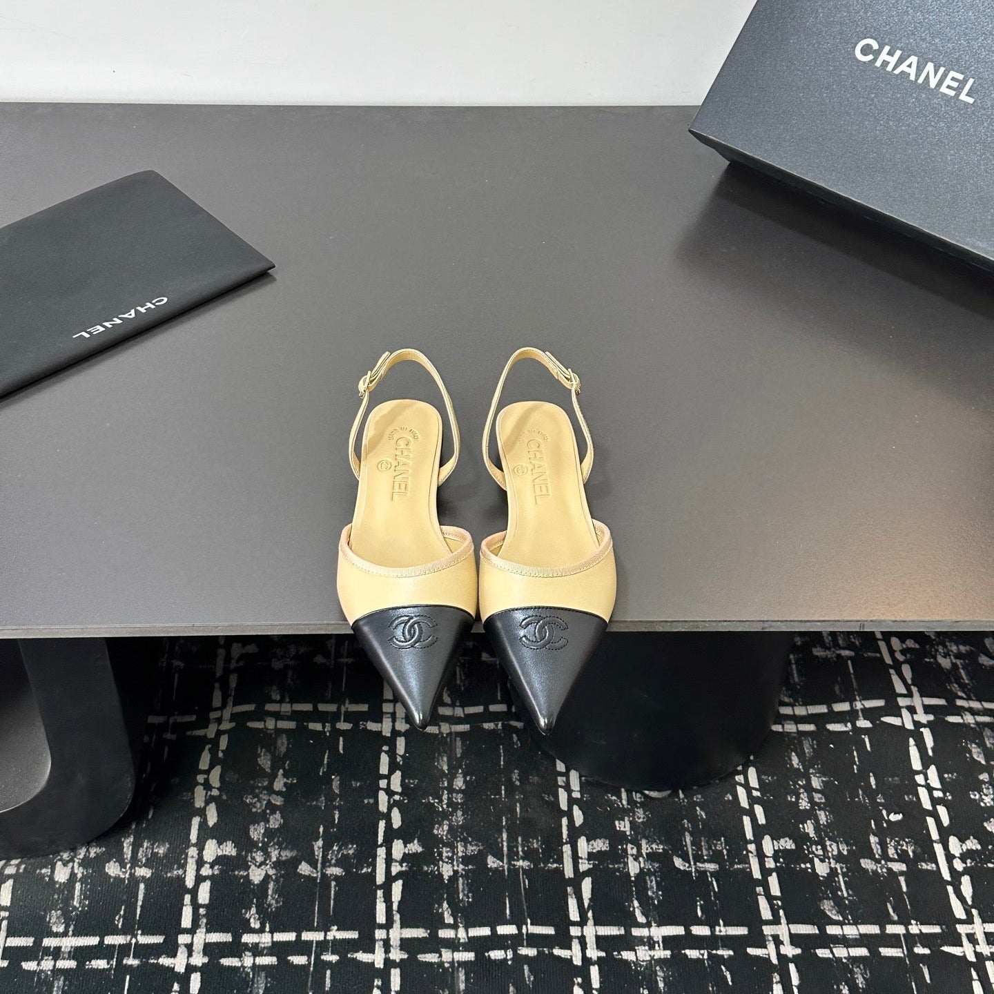 Chanel 26S Pointed-Toe Slingbacks In Beige And Black Lambskin