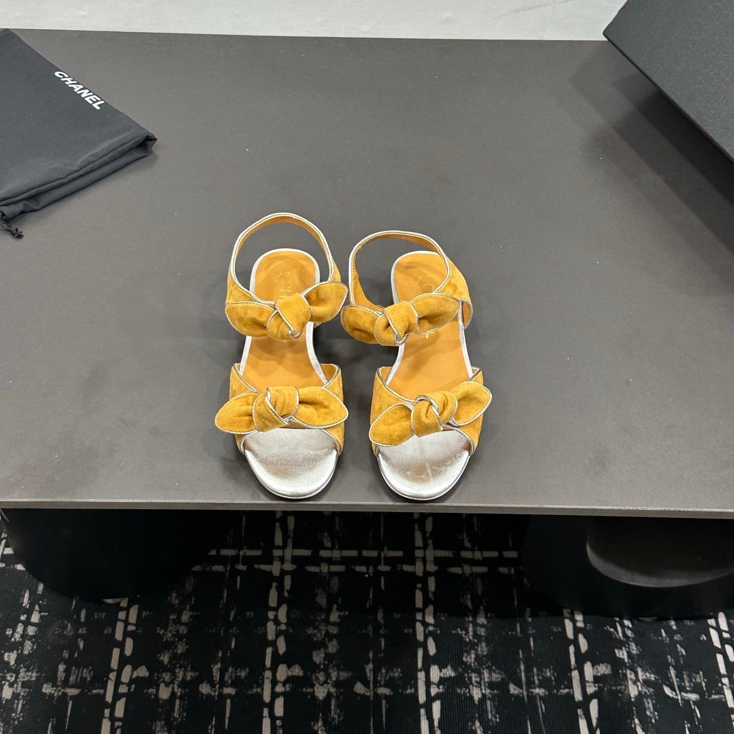 Chanel 26S Bow Sandals In Mustard Yellow And Silver Suede