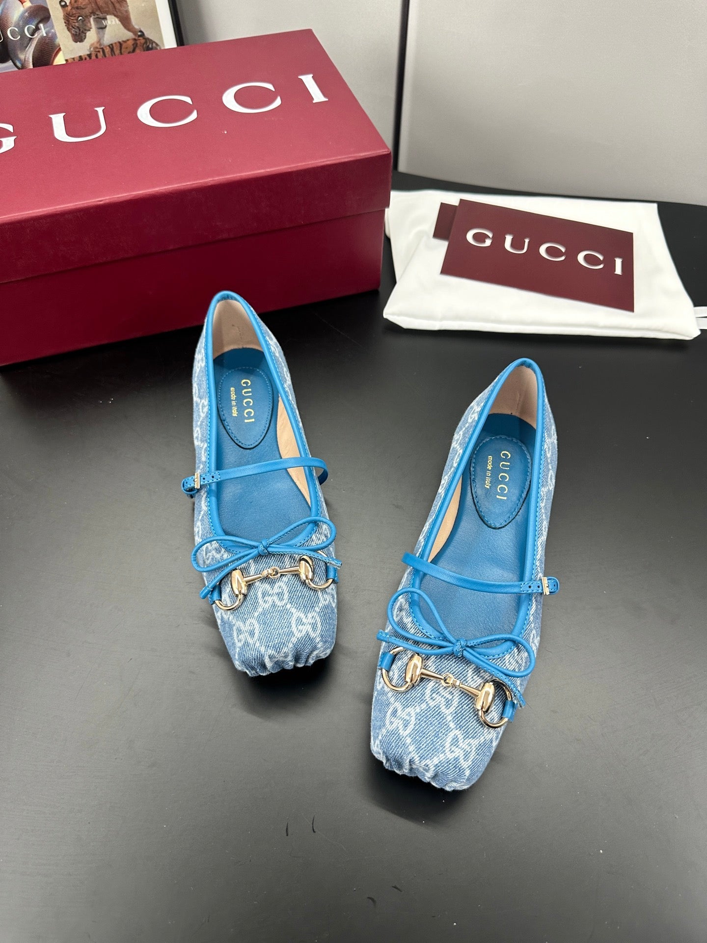 GG 26s Horsebit Ballet Flat Blue Denim Sheepskin 688308