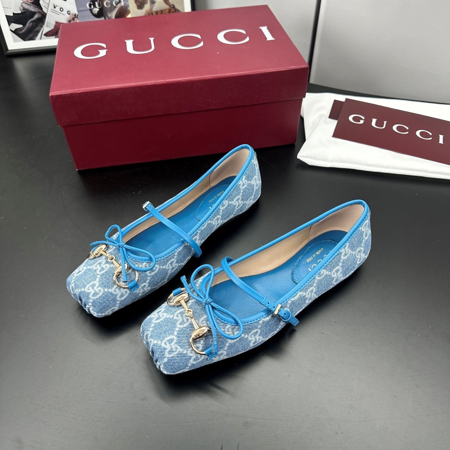GG 26s Horsebit Ballet Flat Blue Denim Sheepskin 688308